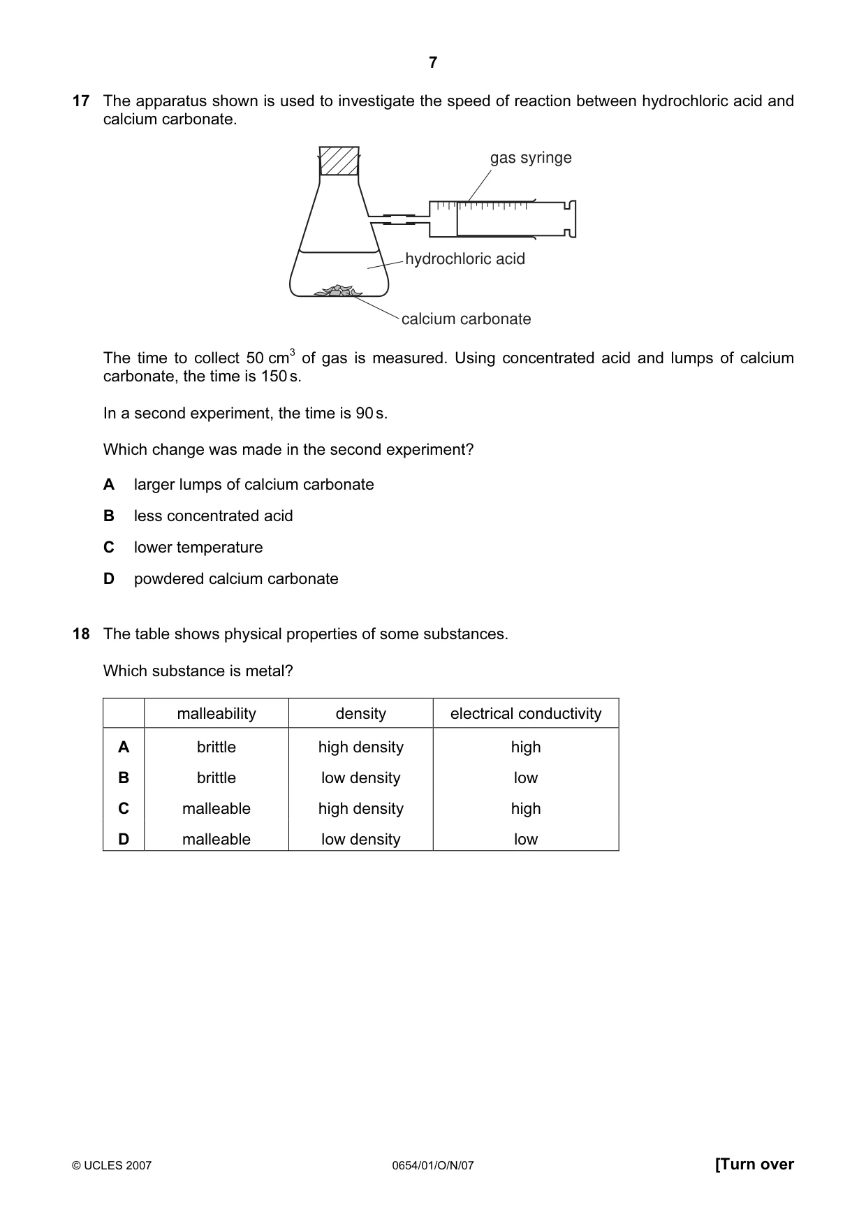 Cambridge IGCSE Sciences - Co-ordinated (Double) 0654 2007 Oct/Nov Paper 1 · Variant 1 question paper, page 7 of 20