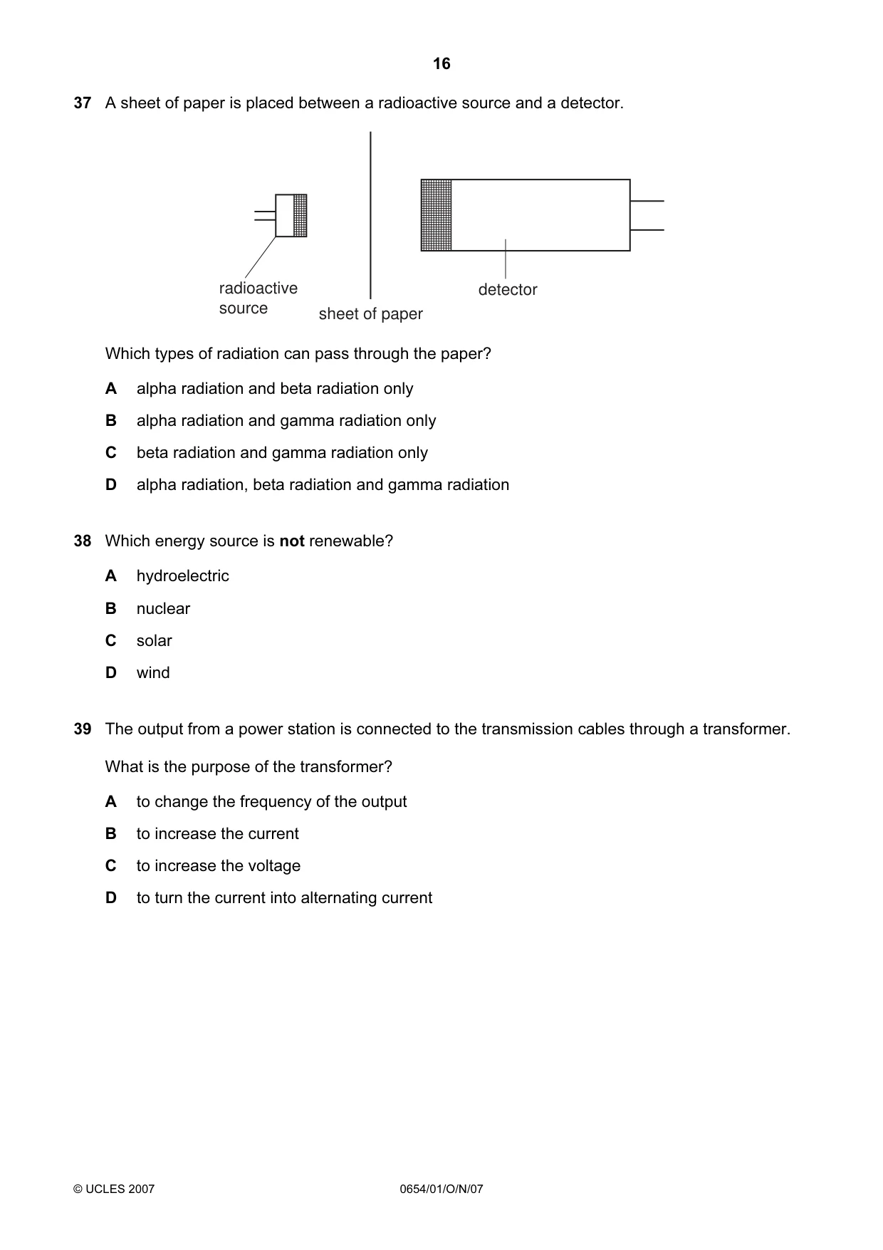 Cambridge IGCSE Sciences - Co-ordinated (Double) 0654 2007 Oct/Nov Paper 1 · Variant 1 question paper, page 16 of 20
