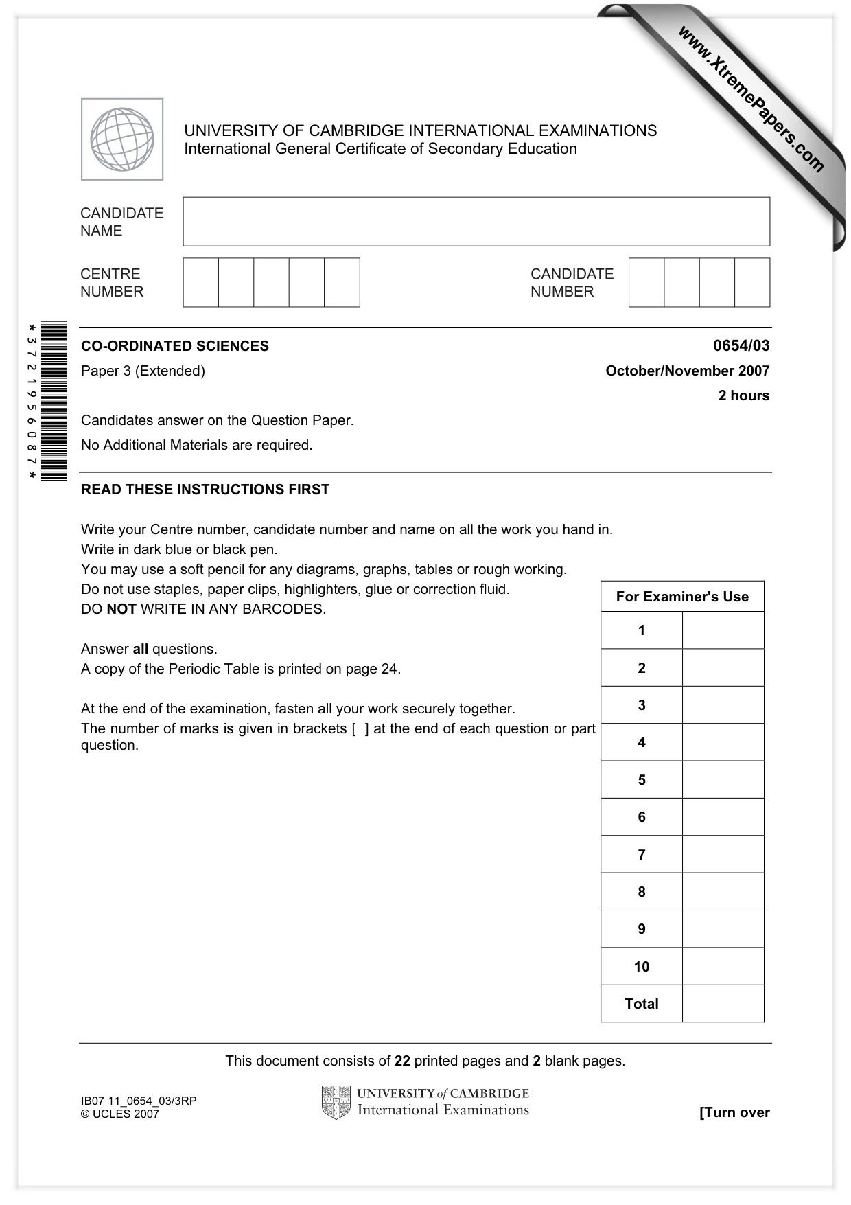 Cambridge IGCSE Sciences - Co-ordinated (Double) 0654 2007 Oct/Nov Paper 3 · Variant 1 question paper, page 1 of 24
