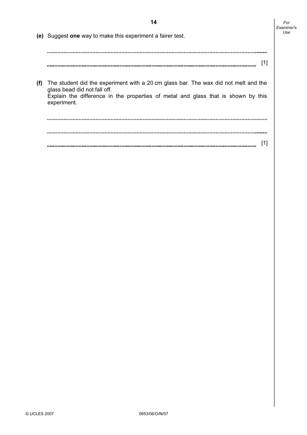 Cambridge IGCSE Sciences - Co-ordinated (Double) 0654 2007 Oct/Nov Paper 6 · Variant 1 question paper, page 14 of 16