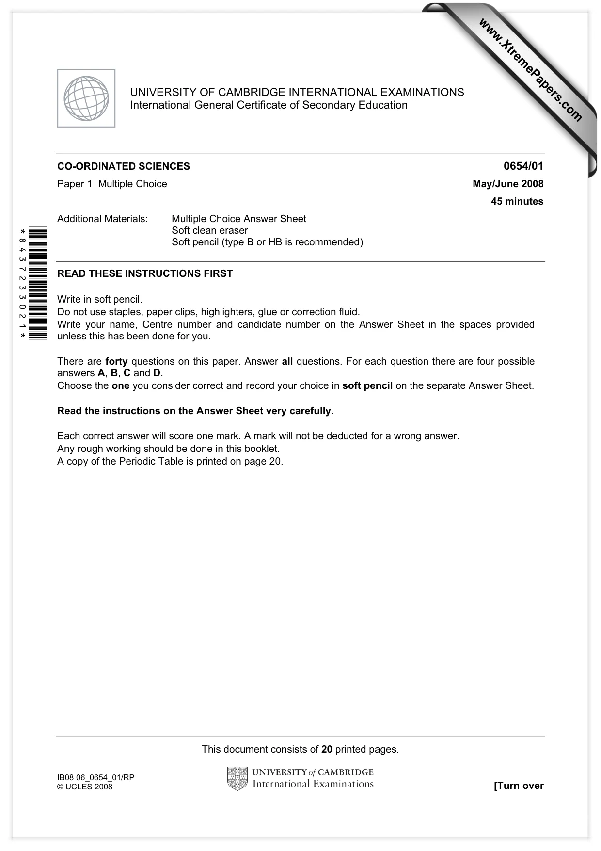 Cambridge IGCSE Sciences - Co-ordinated (Double) 0654 2008 May/June Paper 1 · Variant 1 question paper, page 1 of 20
