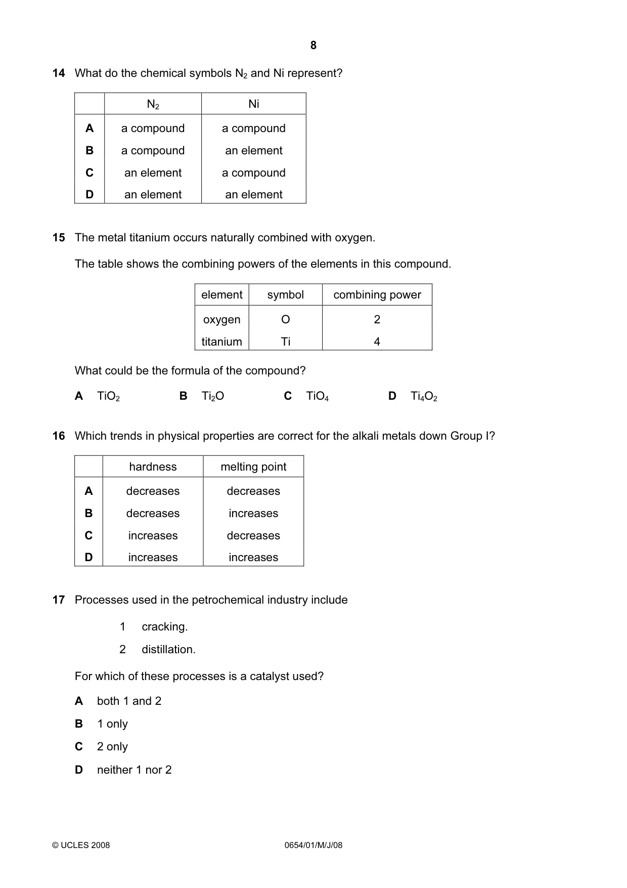 Cambridge IGCSE Sciences - Co-ordinated (Double) 0654 2008 May/June Paper 1 · Variant 1 question paper, page 8 of 20