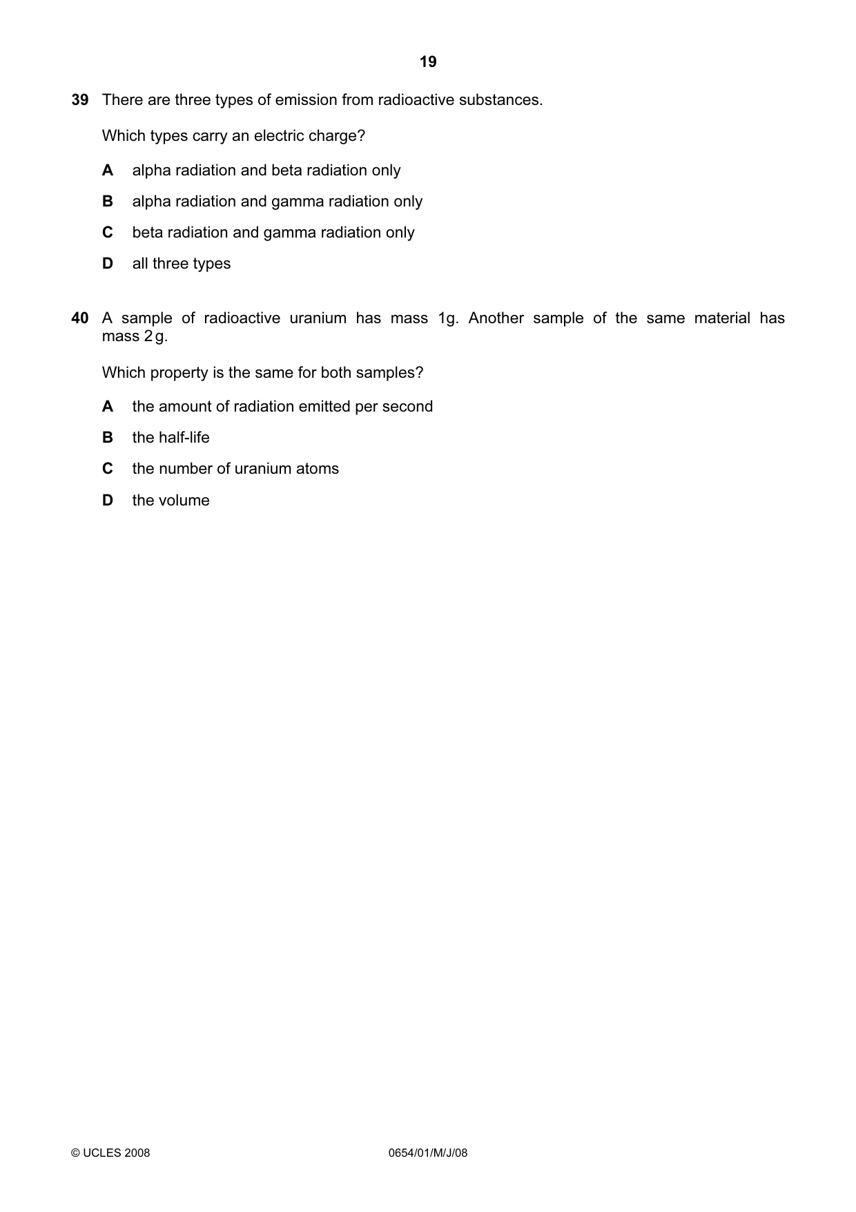 Cambridge IGCSE Sciences - Co-ordinated (Double) 0654 2008 May/June Paper 1 · Variant 1 question paper, page 19 of 20