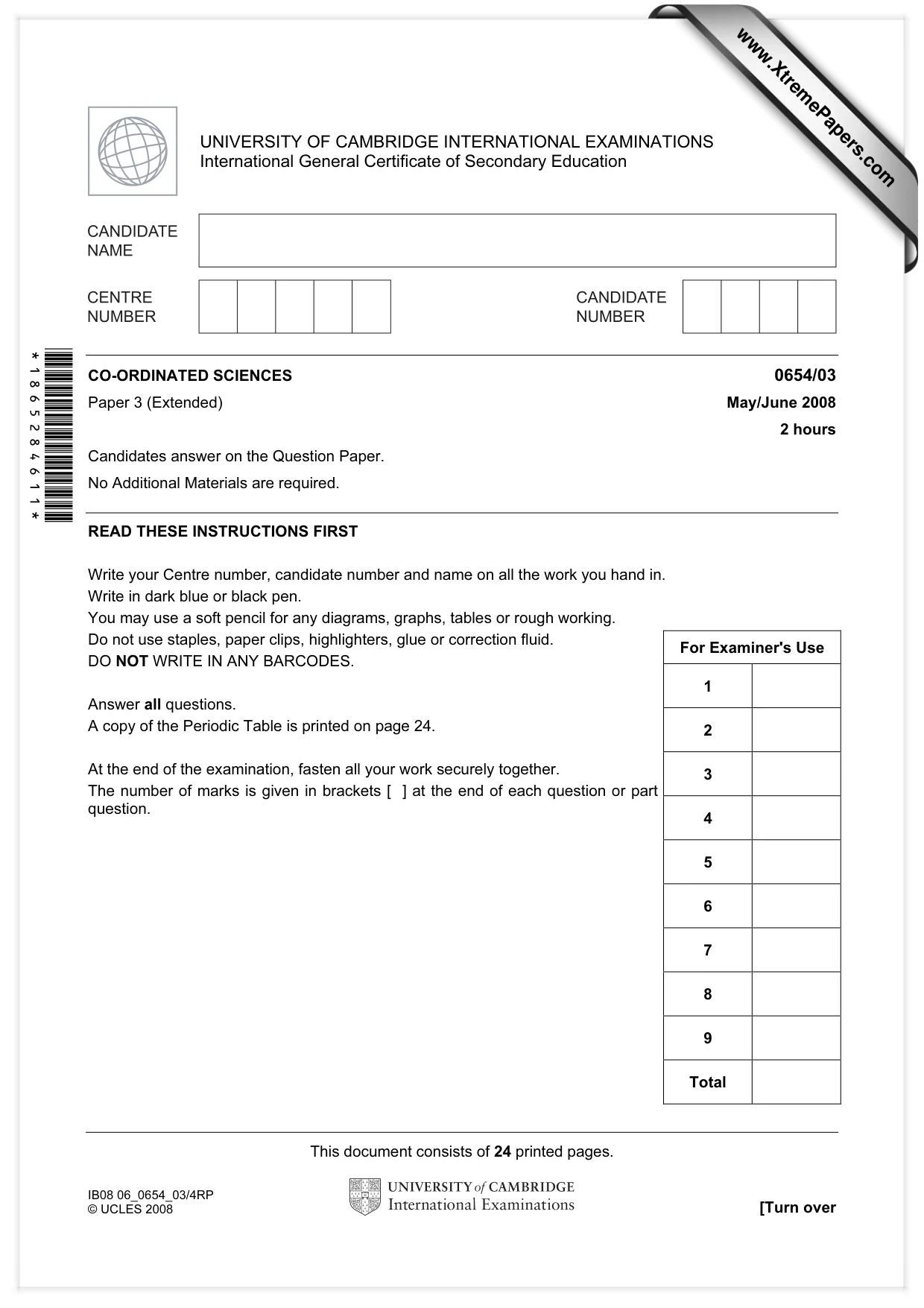 Cambridge IGCSE Sciences - Co-ordinated (Double) 0654 2008 May/June Paper 3 · Variant 1 question paper, page 1 of 24
