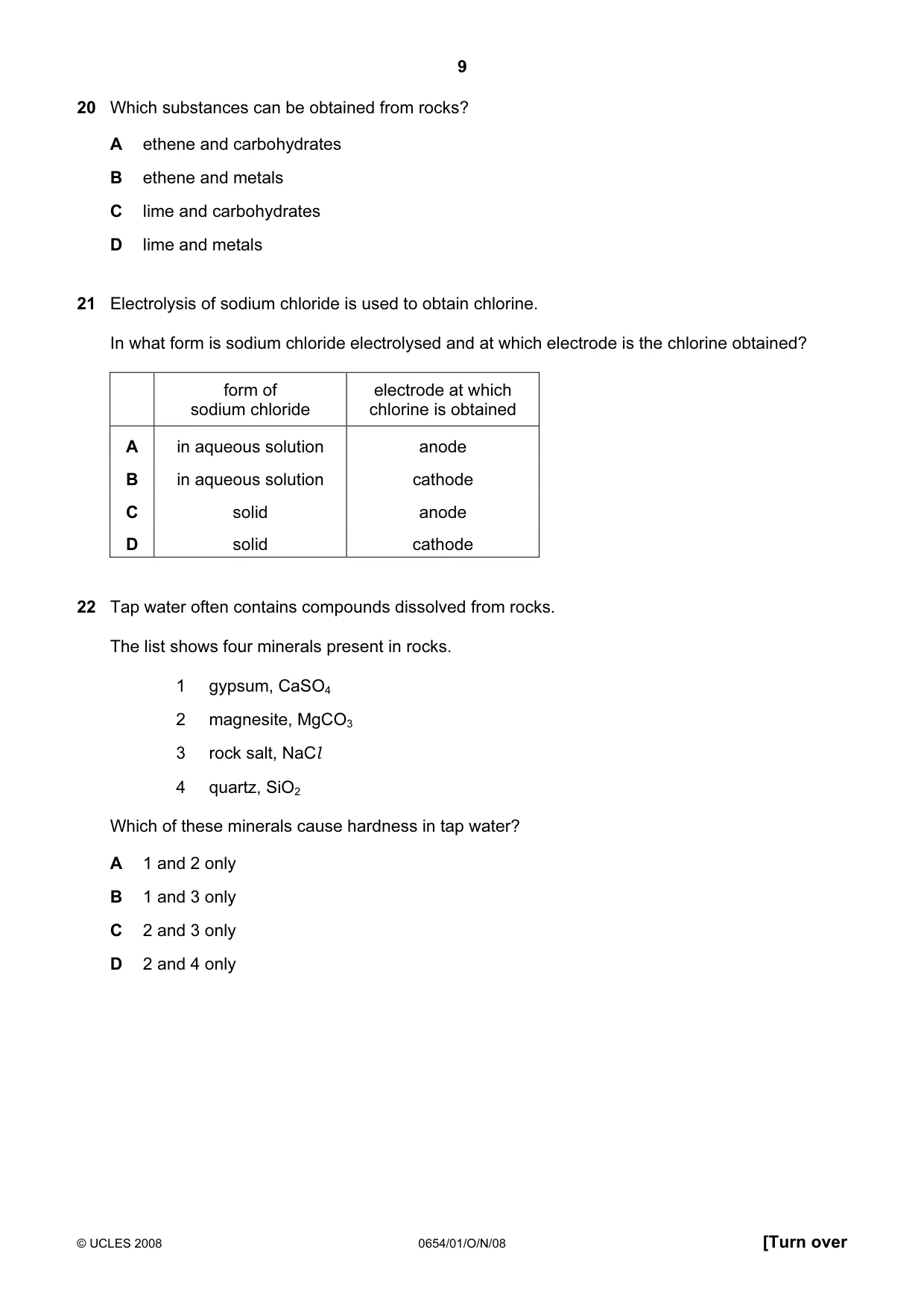 Cambridge IGCSE Sciences - Co-ordinated (Double) 0654 2008 Oct/Nov Paper 1 · Variant 1 question paper, page 9 of 20