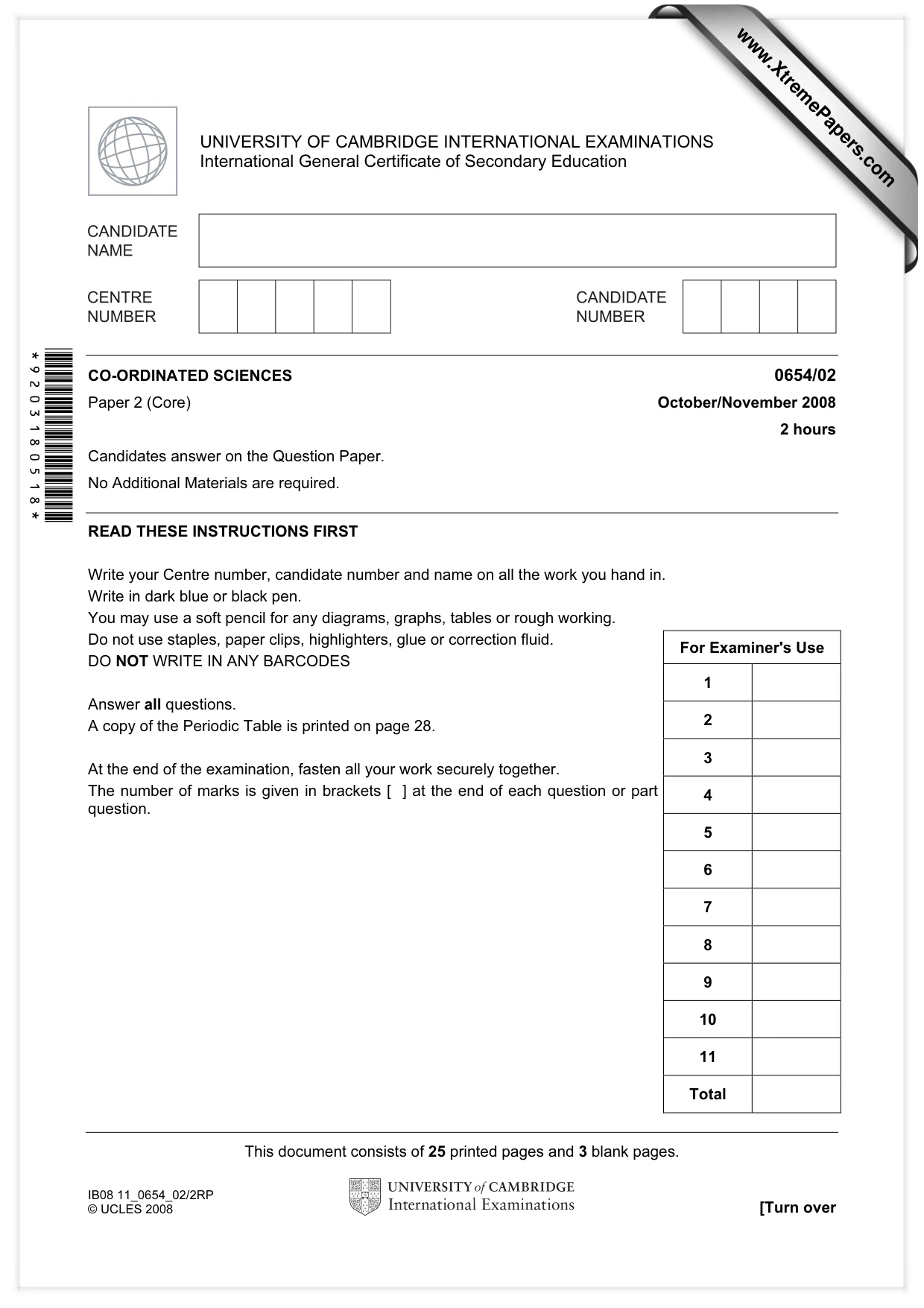 Cambridge IGCSE Sciences - Co-ordinated (Double) 0654 2008 Oct/Nov Paper 2 · Variant 1 question paper, page 1 of 28