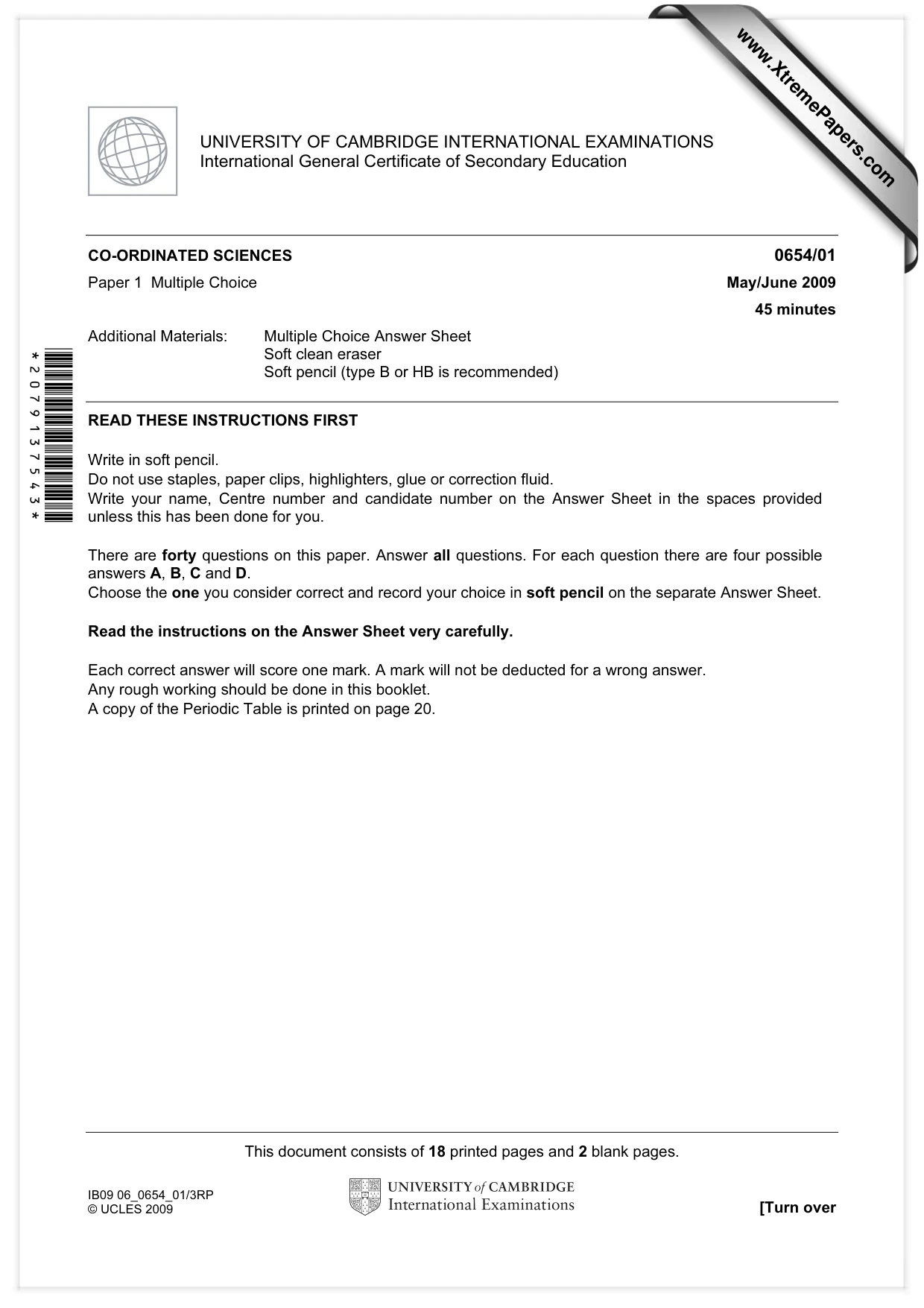 Cambridge IGCSE Sciences - Co-ordinated (Double) 0654 2009 May/June Paper 1 · Variant 1 question paper, page 1 of 20