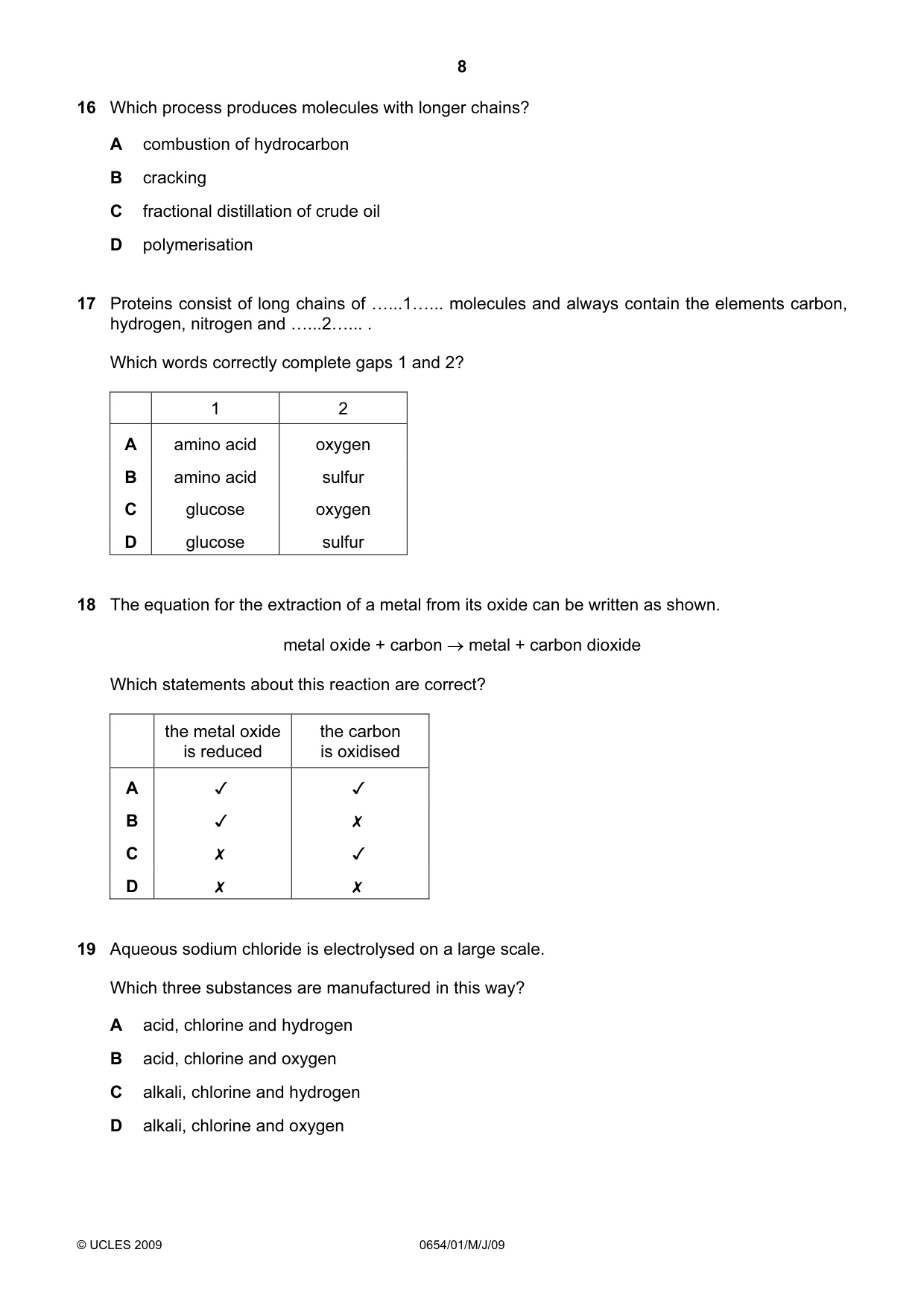 Cambridge IGCSE Sciences - Co-ordinated (Double) 0654 2009 May/June Paper 1 · Variant 1 question paper, page 8 of 20