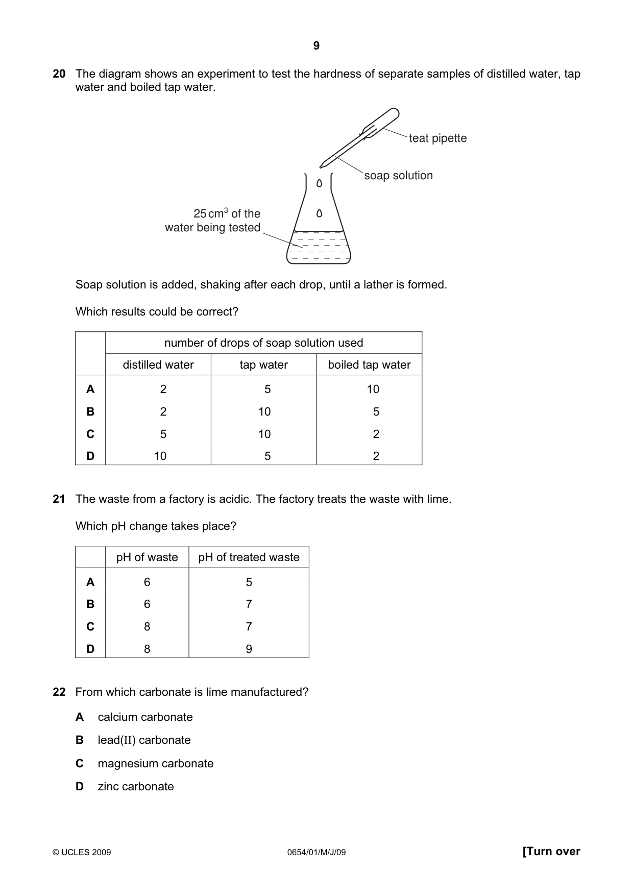 Cambridge IGCSE Sciences - Co-ordinated (Double) 0654 2009 May/June Paper 1 · Variant 1 question paper, page 9 of 20