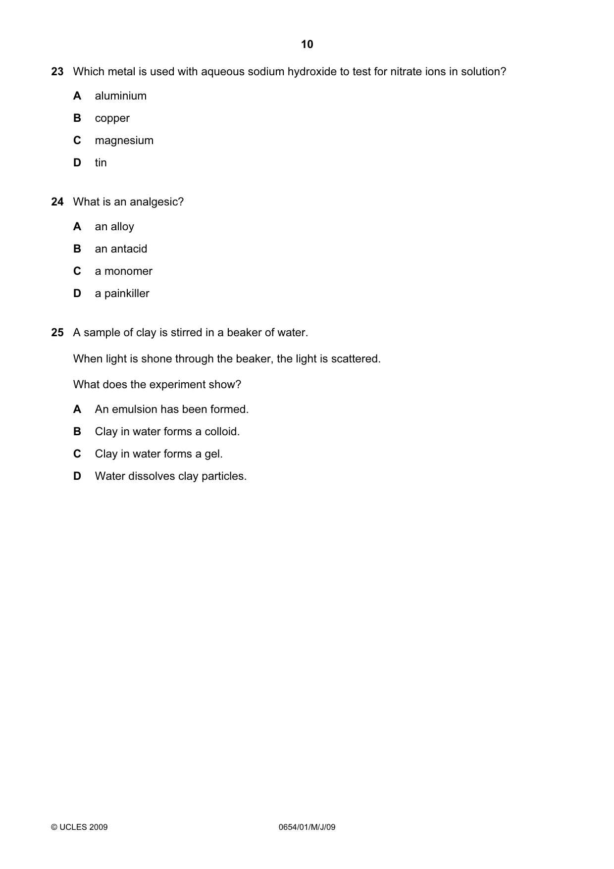 Cambridge IGCSE Sciences - Co-ordinated (Double) 0654 2009 May/June Paper 1 · Variant 1 question paper, page 10 of 20