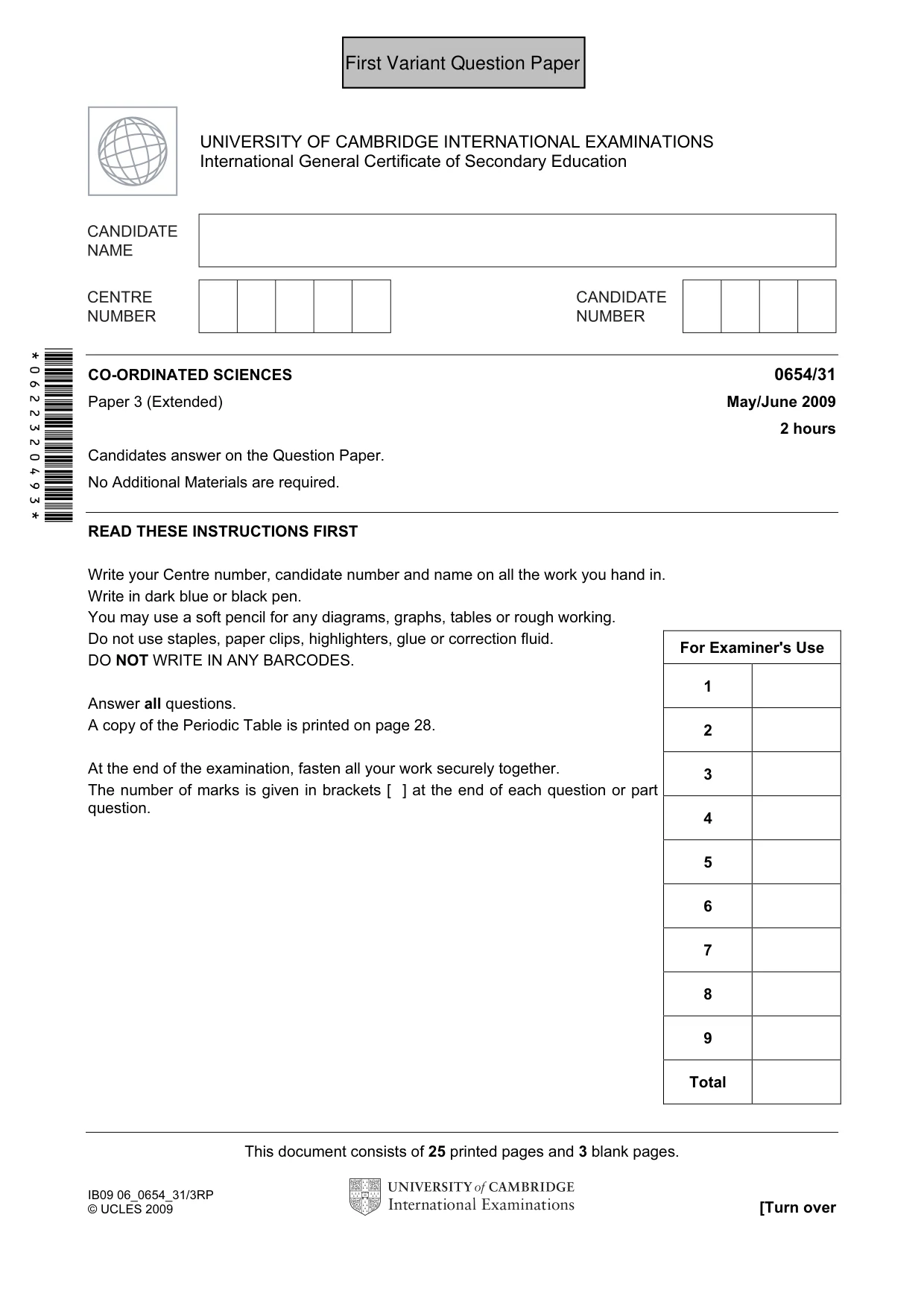 Cambridge IGCSE Sciences - Co-ordinated (Double) 0654 2009 May/June Paper 3 · Variant 1 question paper, page 2 of 57