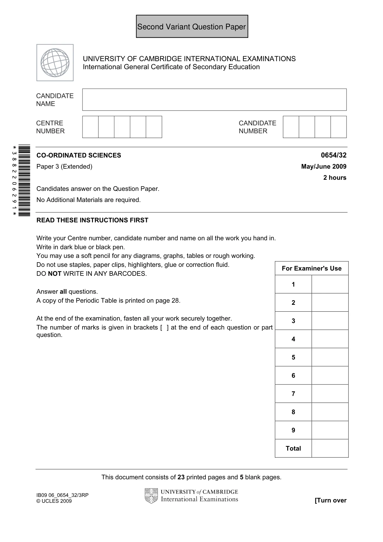 Cambridge IGCSE Sciences - Co-ordinated (Double) 0654 2009 May/June Paper 3 · Variant 1 question paper, page 30 of 57
