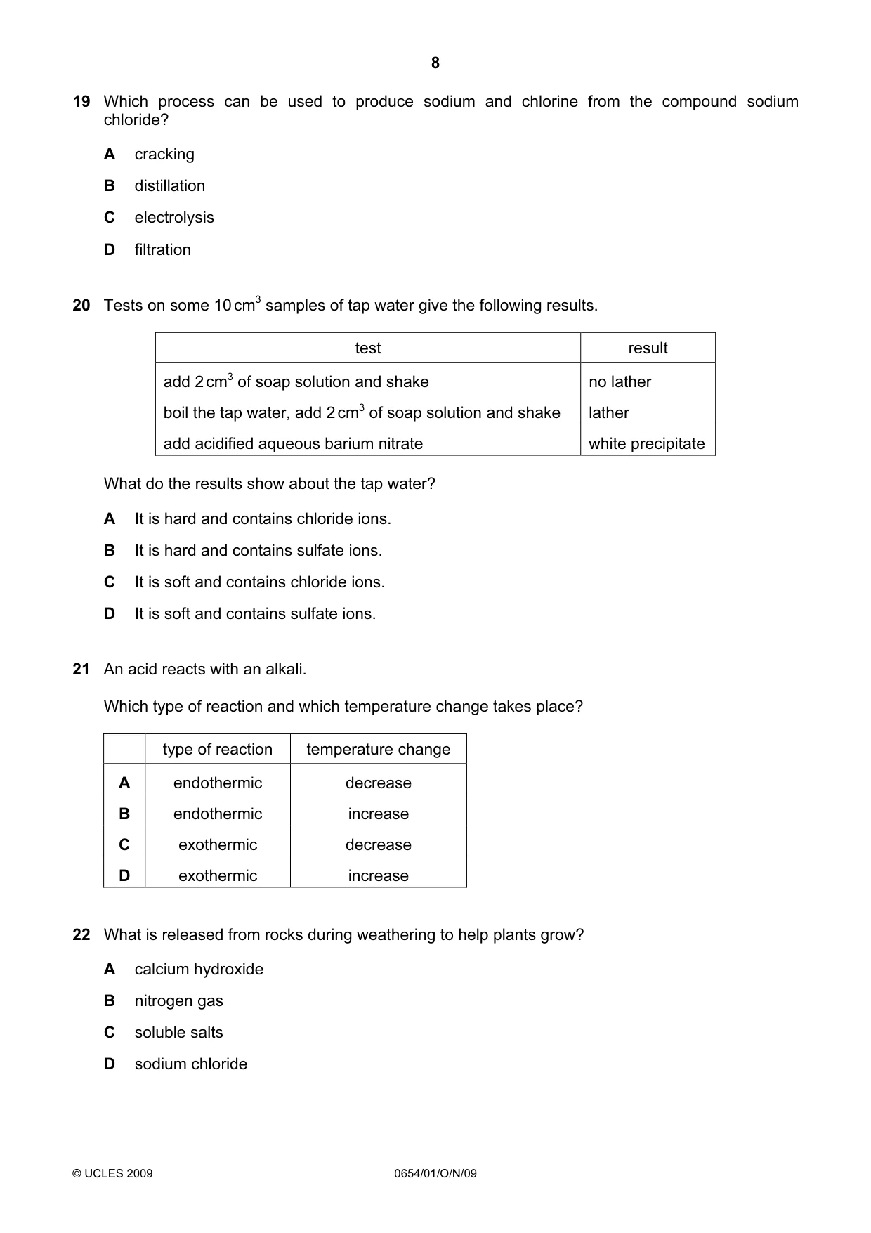 Cambridge IGCSE Sciences - Co-ordinated (Double) 0654 2009 Oct/Nov Paper 1 · Variant 1 question paper, page 8 of 20