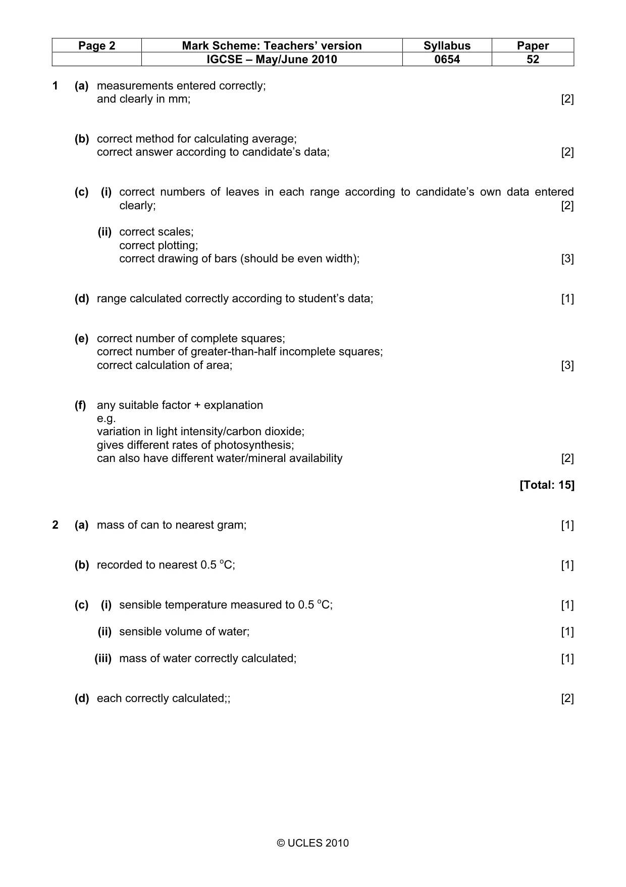 Mark scheme, page 2 of 3