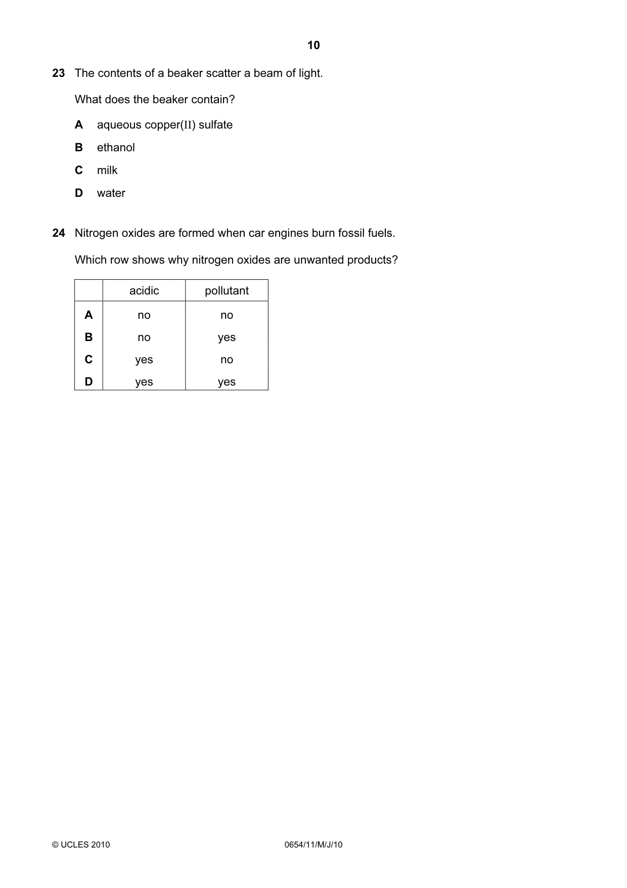 Cambridge IGCSE Sciences - Co-ordinated (Double) 0654 2010 May/June Paper 1 · Variant 1 question paper, page 10 of 20