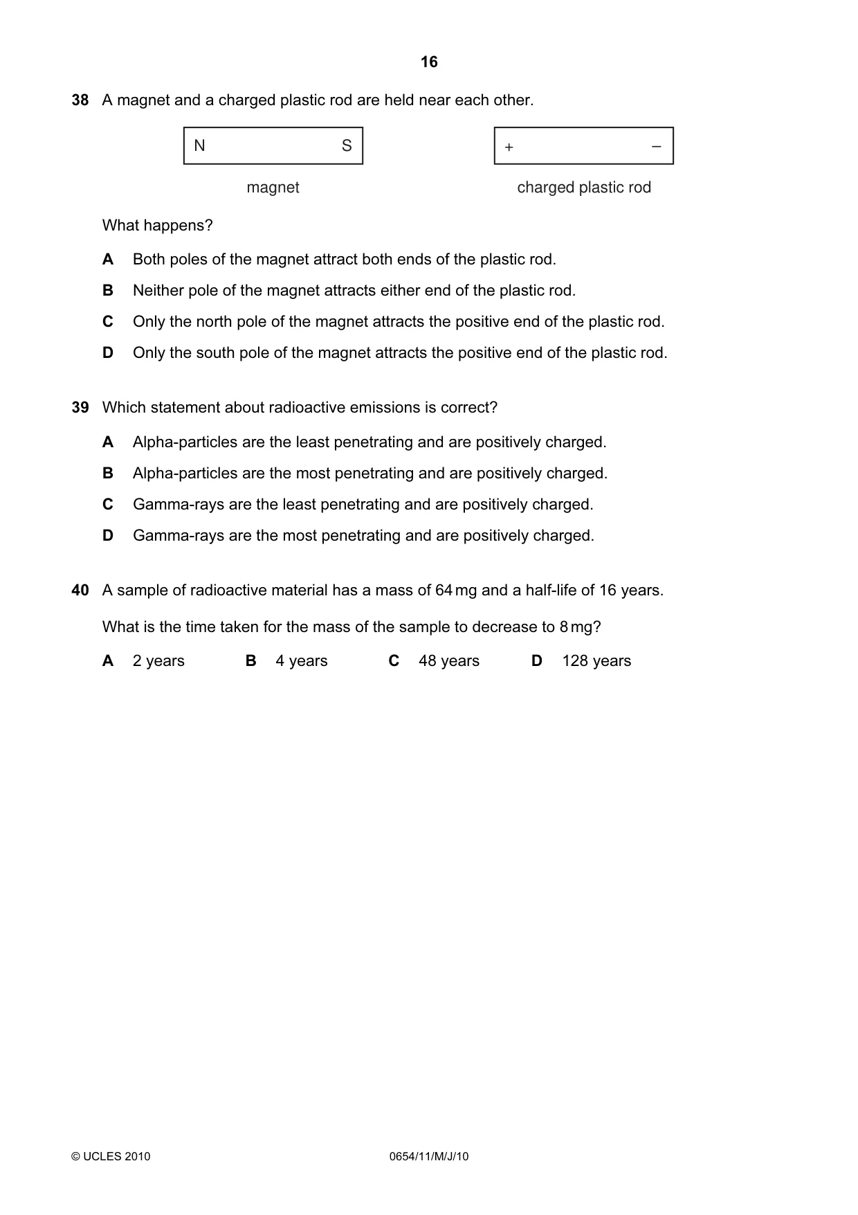 Cambridge IGCSE Sciences - Co-ordinated (Double) 0654 2010 May/June Paper 1 · Variant 1 question paper, page 16 of 20