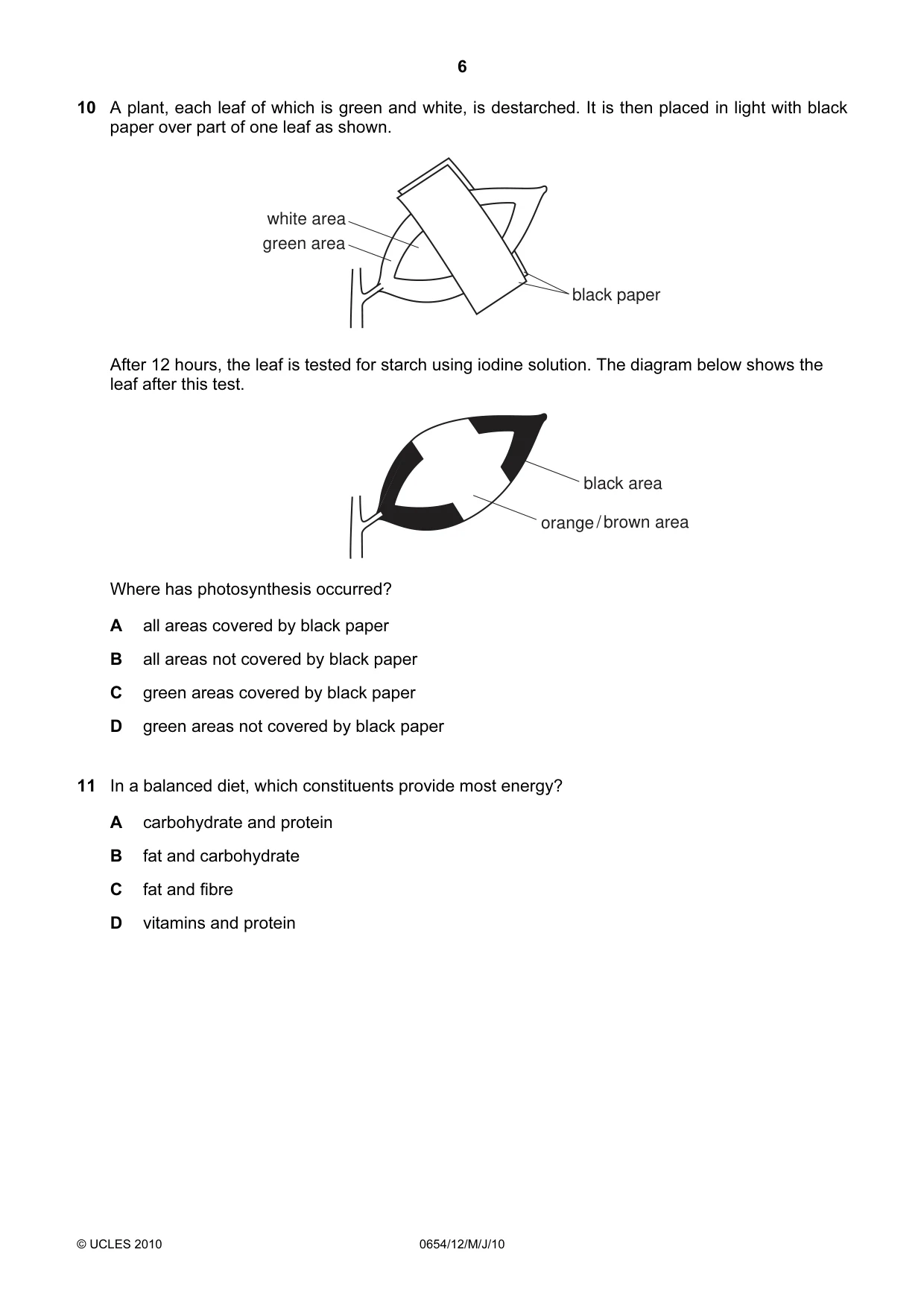 Cambridge IGCSE Sciences - Co-ordinated (Double) 0654 2010 May/June Paper 1 · Variant 2 question paper, page 6 of 20