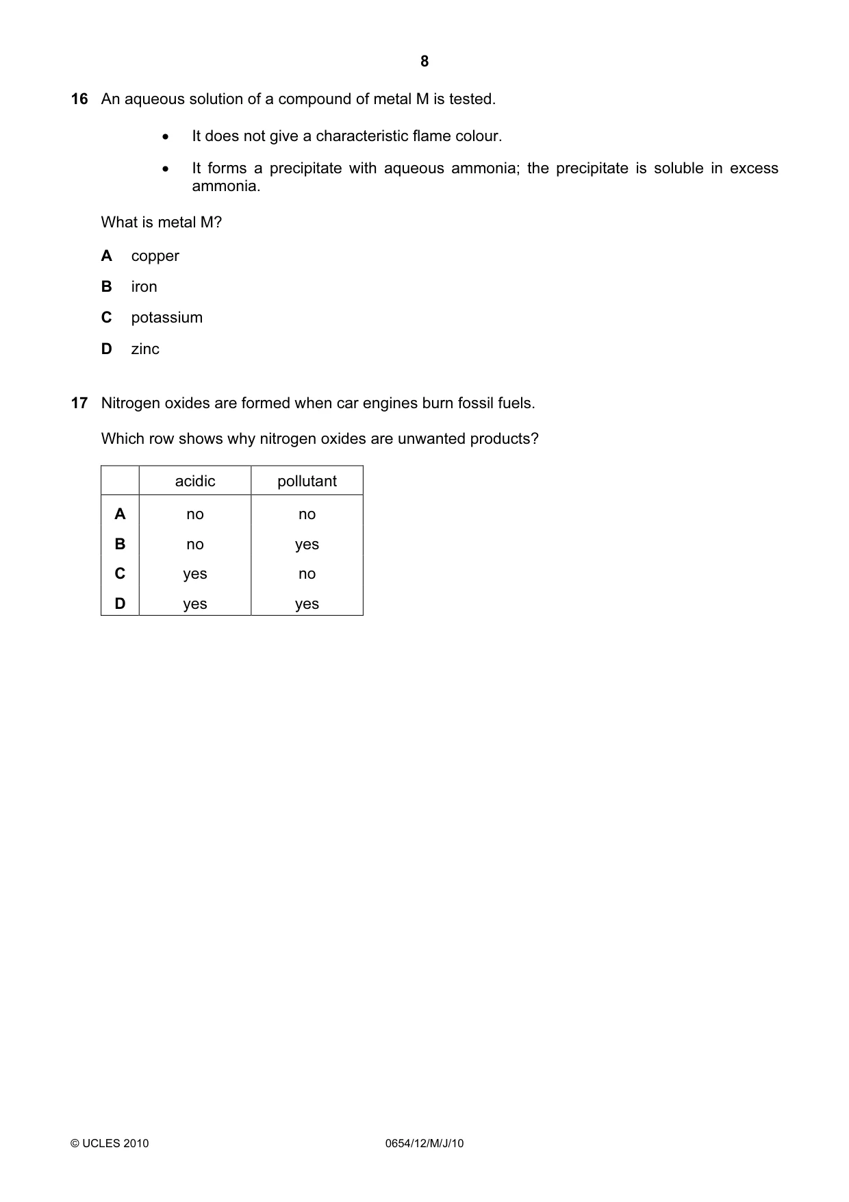 Cambridge IGCSE Sciences - Co-ordinated (Double) 0654 2010 May/June Paper 1 · Variant 2 question paper, page 8 of 20