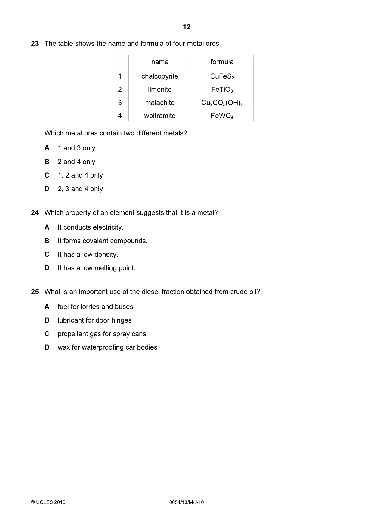 Cambridge IGCSE Sciences - Co-ordinated (Double) 0654 2010 May/June Paper 1 · Variant 3 question paper, page 12 of 20
