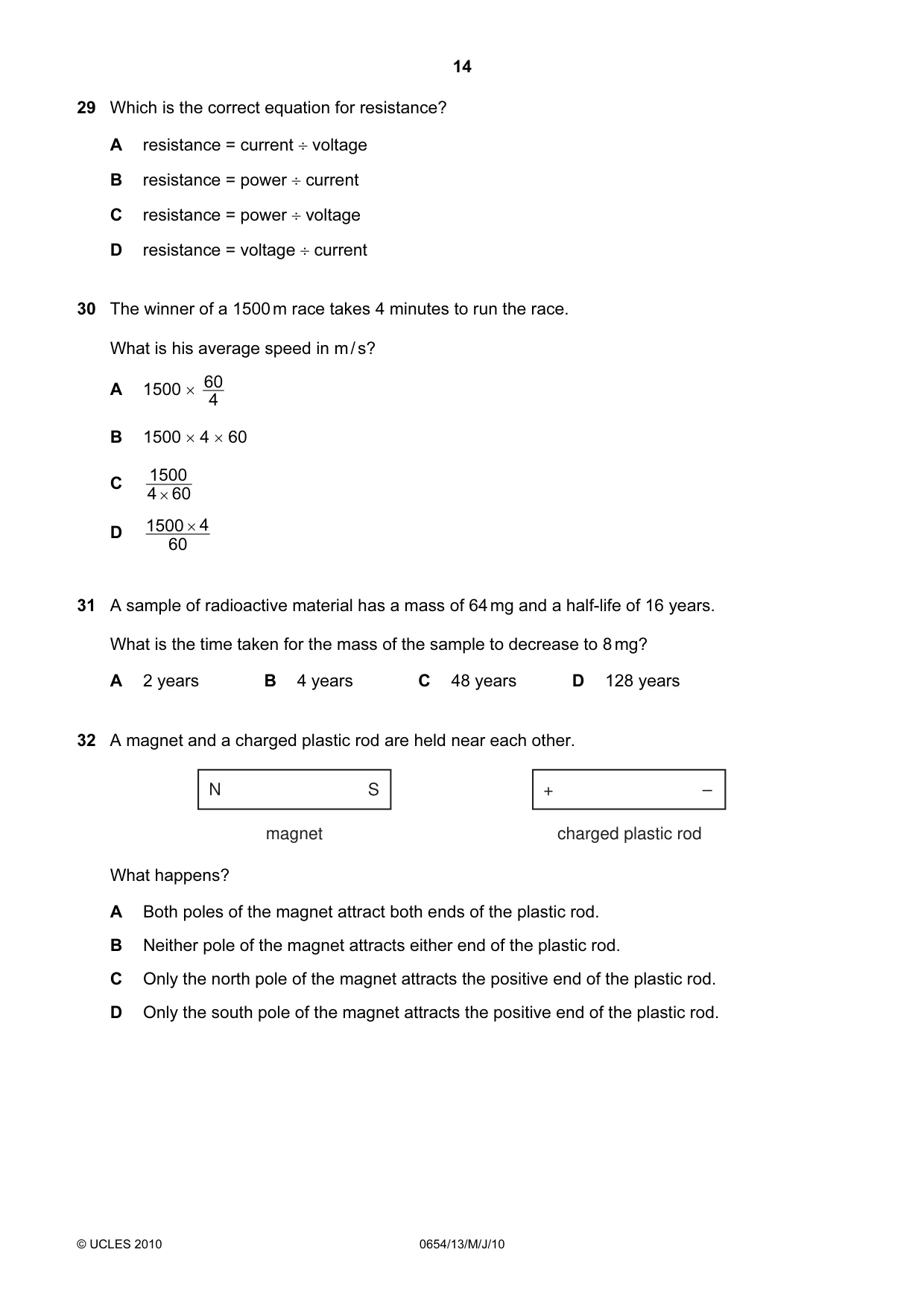 Cambridge IGCSE Sciences - Co-ordinated (Double) 0654 2010 May/June Paper 1 · Variant 3 question paper, page 14 of 20