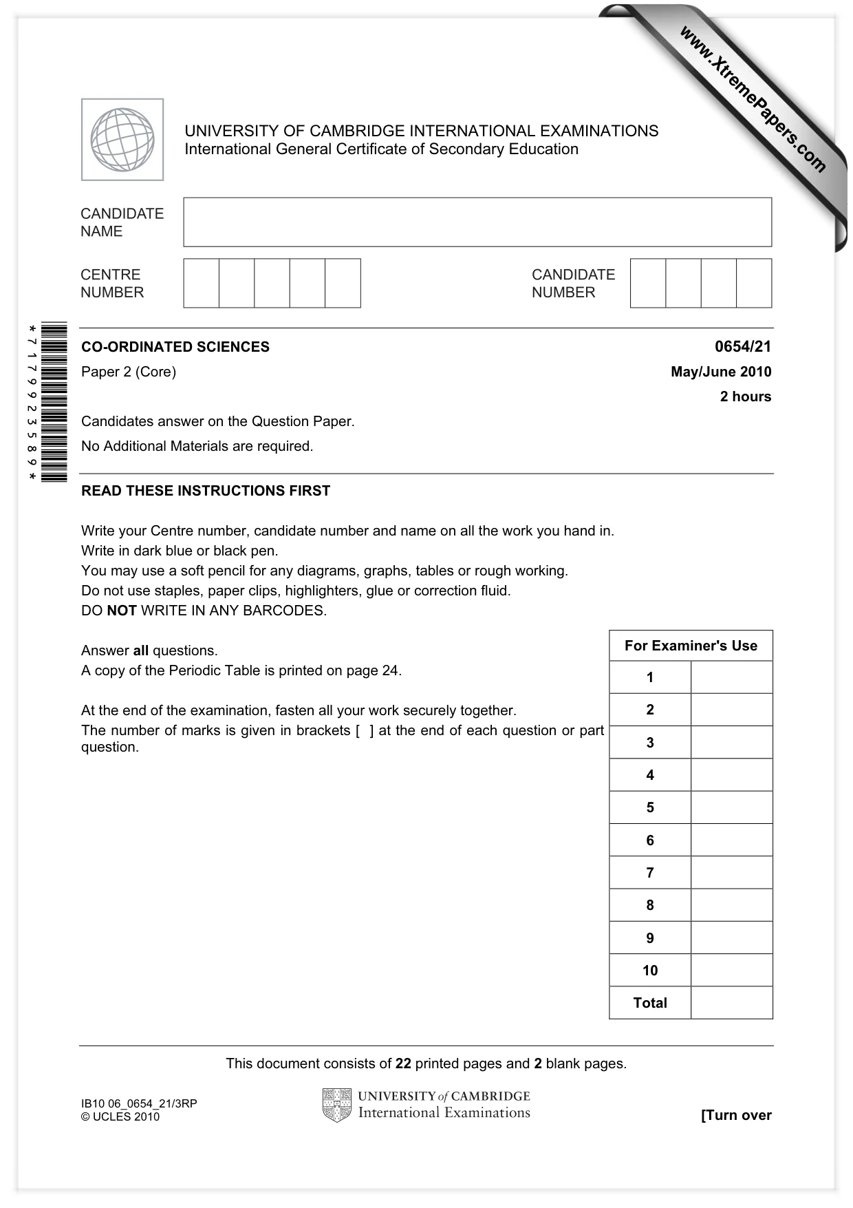 Cambridge IGCSE Sciences - Co-ordinated (Double) 0654 2010 May/June Paper 2 · Variant 1 question paper, page 1 of 24