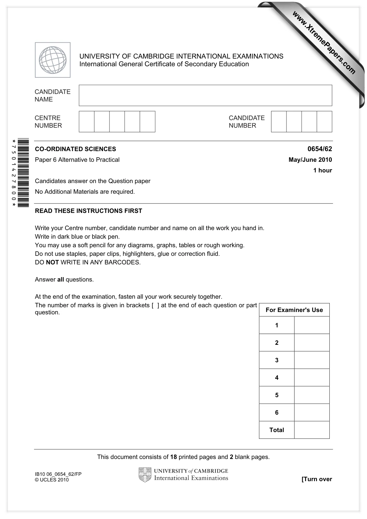Cambridge IGCSE Sciences - Co-ordinated (Double) 0654 2010 May/June Paper 6 · Variant 2 question paper, page 1 of 20