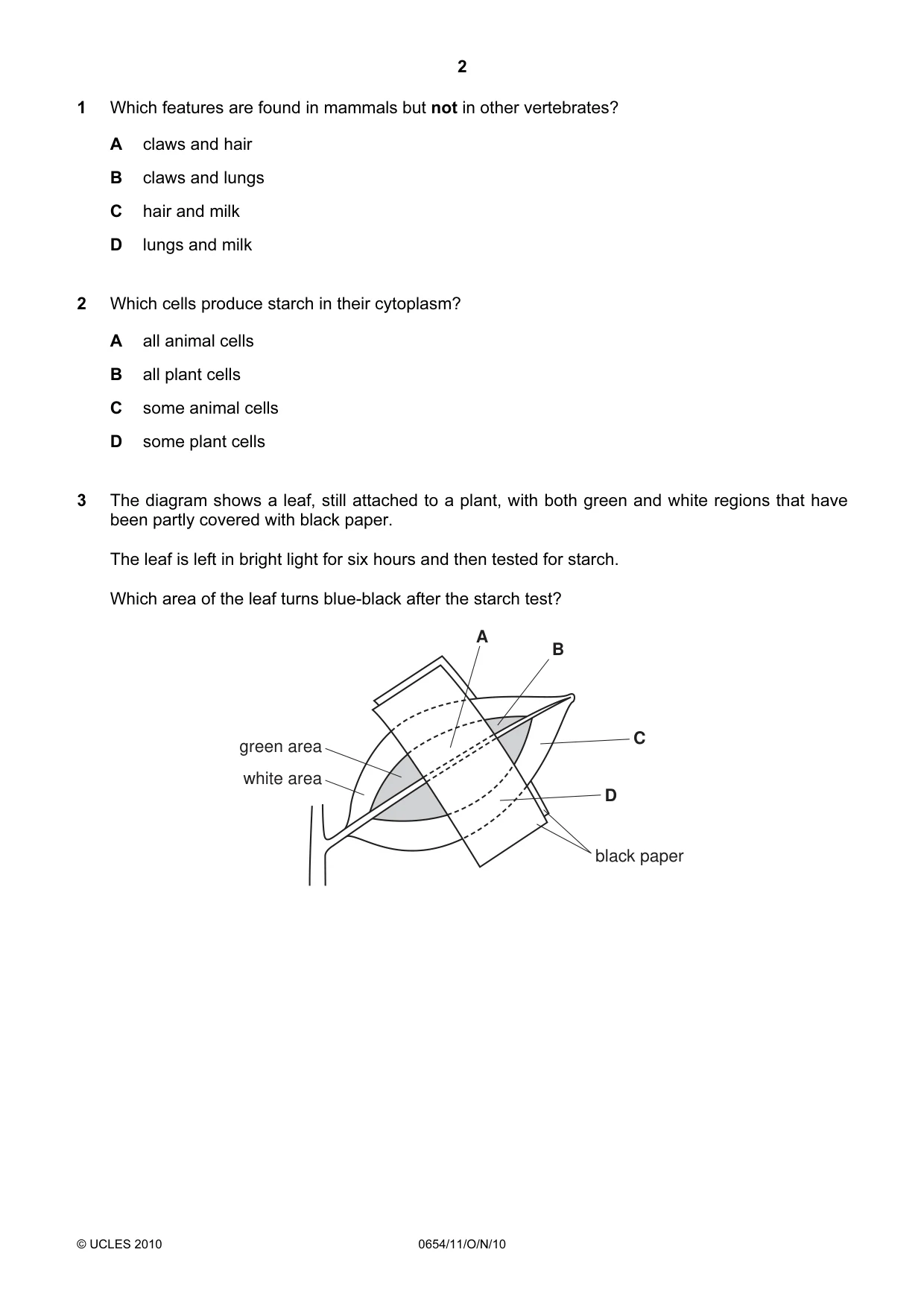 Cambridge IGCSE Sciences - Co-ordinated (Double) 0654 2010 Oct/Nov Paper 1 · Variant 1 question paper, page 2 of 20