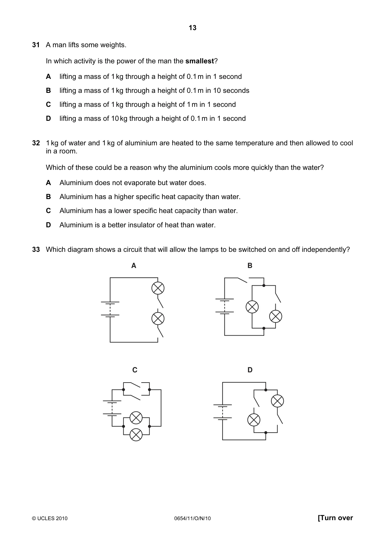 Cambridge IGCSE Sciences - Co-ordinated (Double) 0654 2010 Oct/Nov Paper 1 · Variant 1 question paper, page 13 of 20