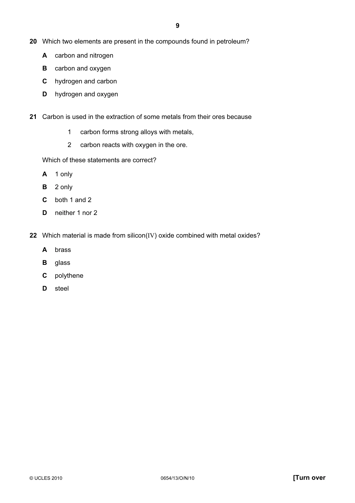 Cambridge IGCSE Sciences - Co-ordinated (Double) 0654 2010 Oct/Nov Paper 1 · Variant 3 question paper, page 9 of 20