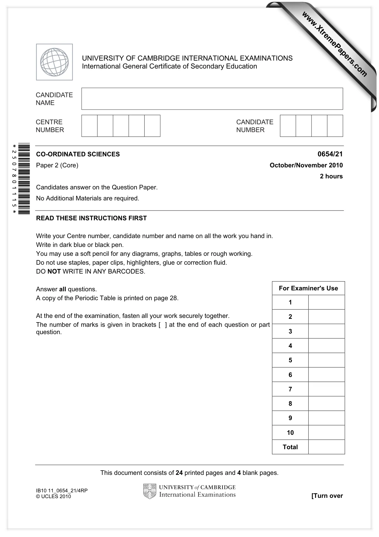 Cambridge IGCSE Sciences - Co-ordinated (Double) 0654 2010 Oct/Nov Paper 2 · Variant 1 question paper, page 1 of 28
