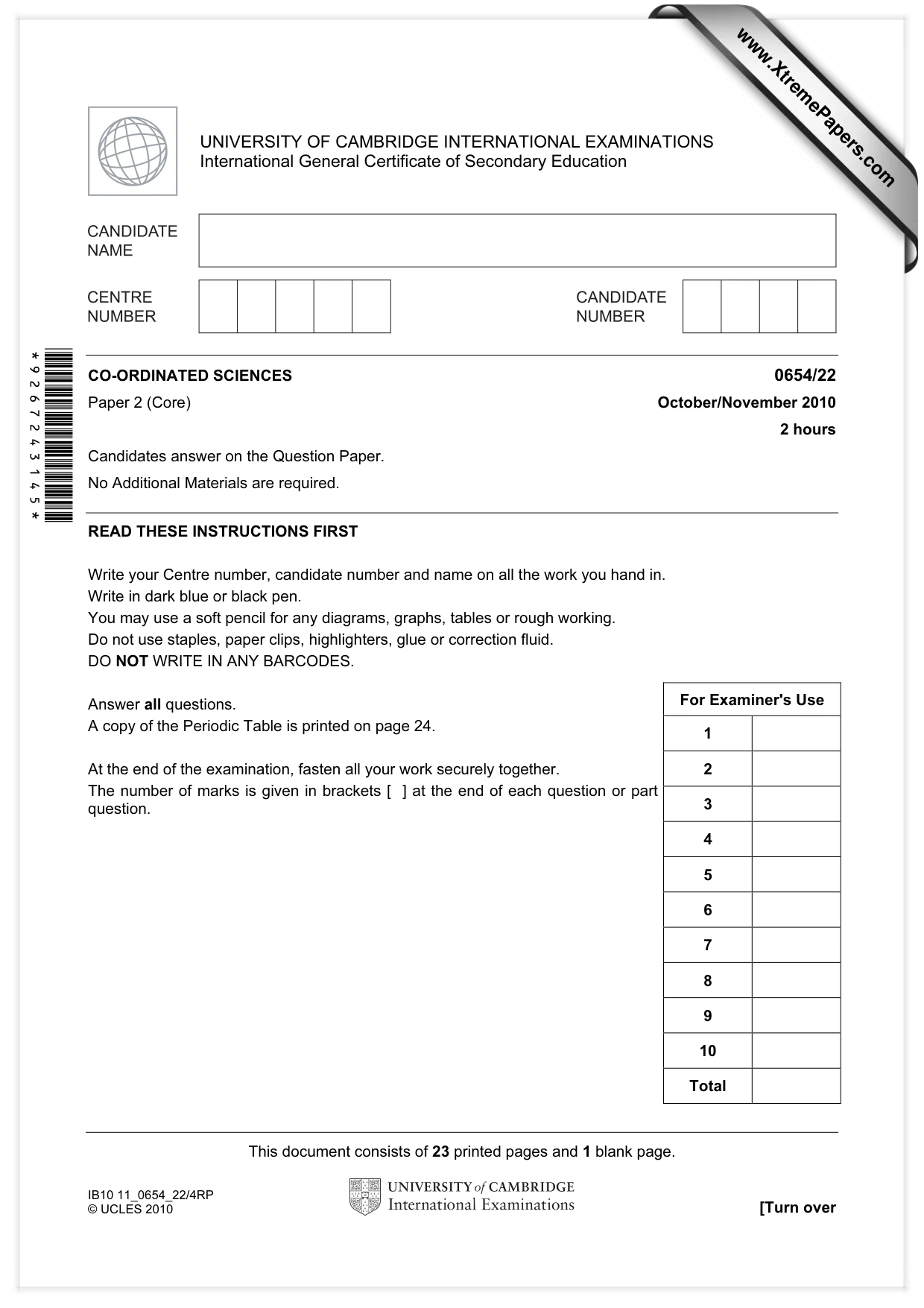 Cambridge IGCSE Sciences - Co-ordinated (Double) 0654 2010 Oct/Nov Paper 2 · Variant 2 question paper, page 1 of 24