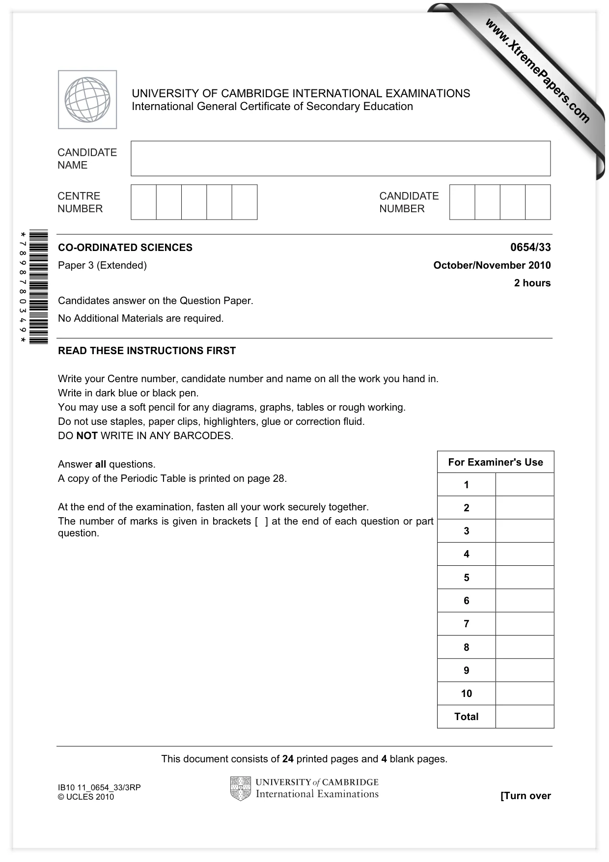 Cambridge IGCSE Sciences - Co-ordinated (Double) 0654 2010 Oct/Nov Paper 3 · Variant 3 question paper, page 1 of 28