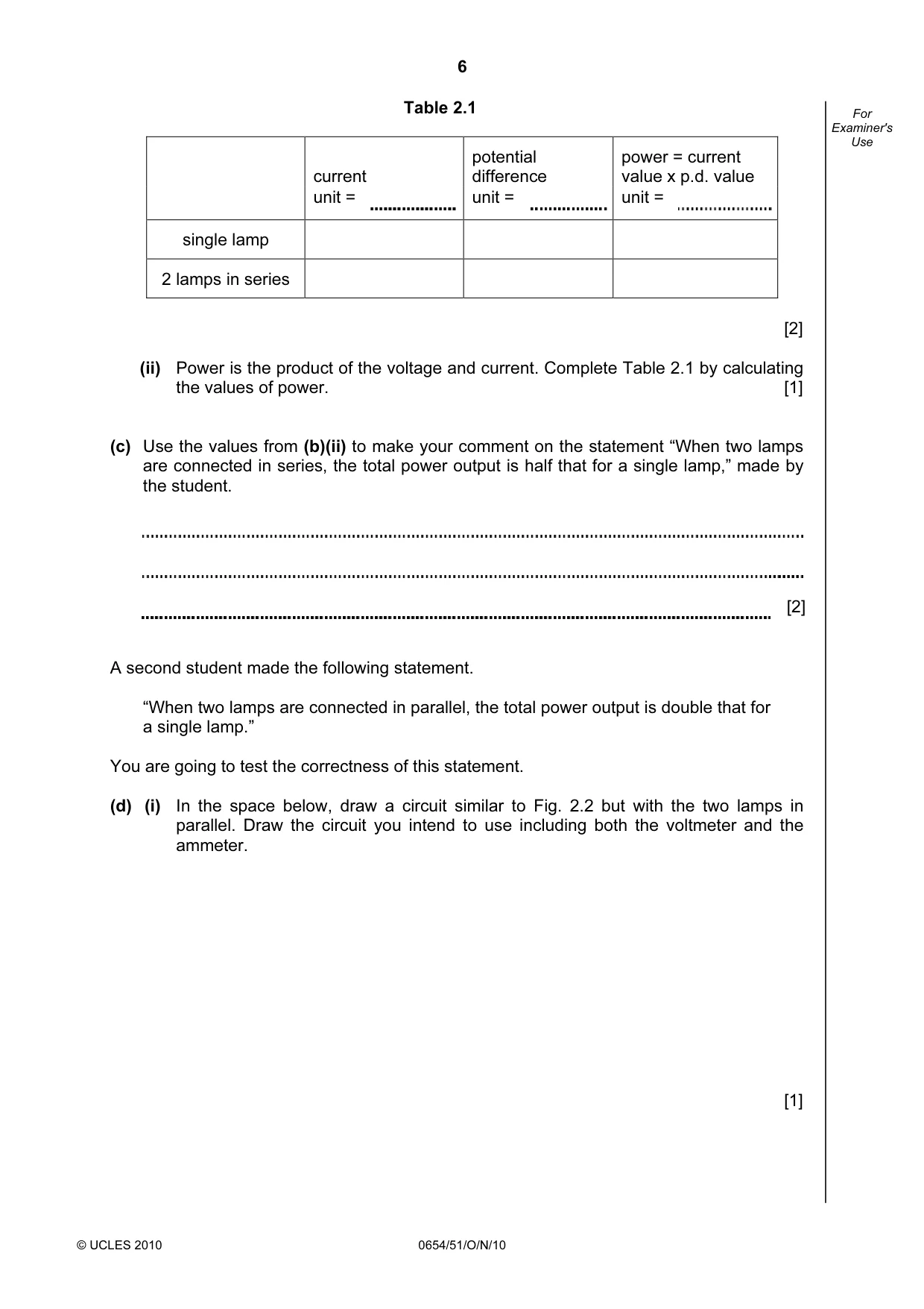 Cambridge IGCSE Sciences - Co-ordinated (Double) 0654 2010 Oct/Nov Paper 5 · Variant 1 question paper, page 6 of 12