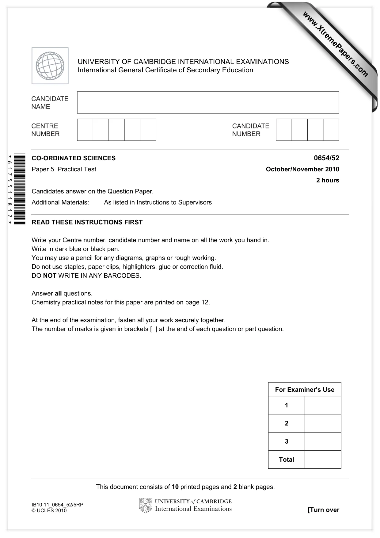 Cambridge IGCSE Sciences - Co-ordinated (Double) 0654 2010 Oct/Nov Paper 5 · Variant 2 question paper, page 1 of 12