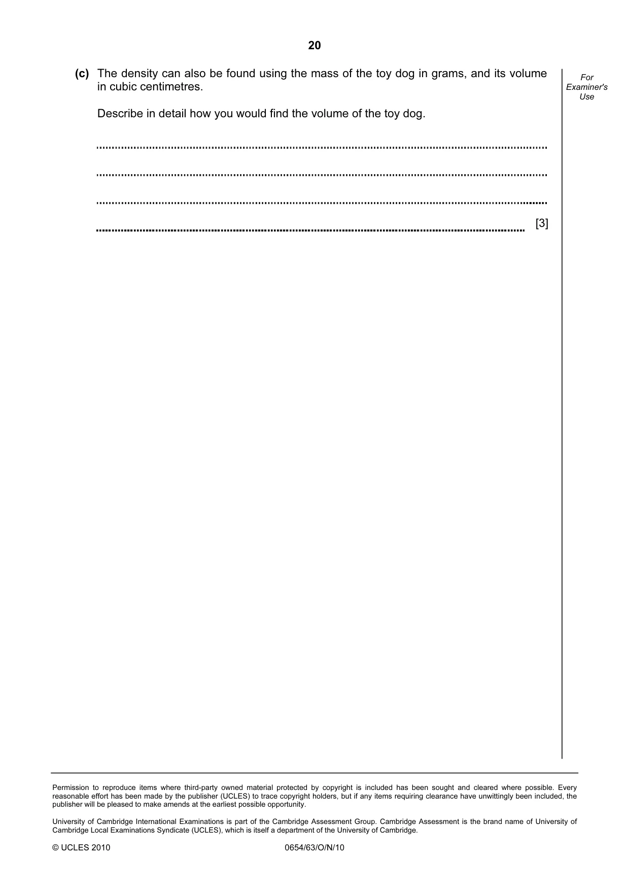 Cambridge IGCSE Sciences - Co-ordinated (Double) 0654 2010 Oct/Nov Paper 6 · Variant 3 question paper, page 20 of 20
