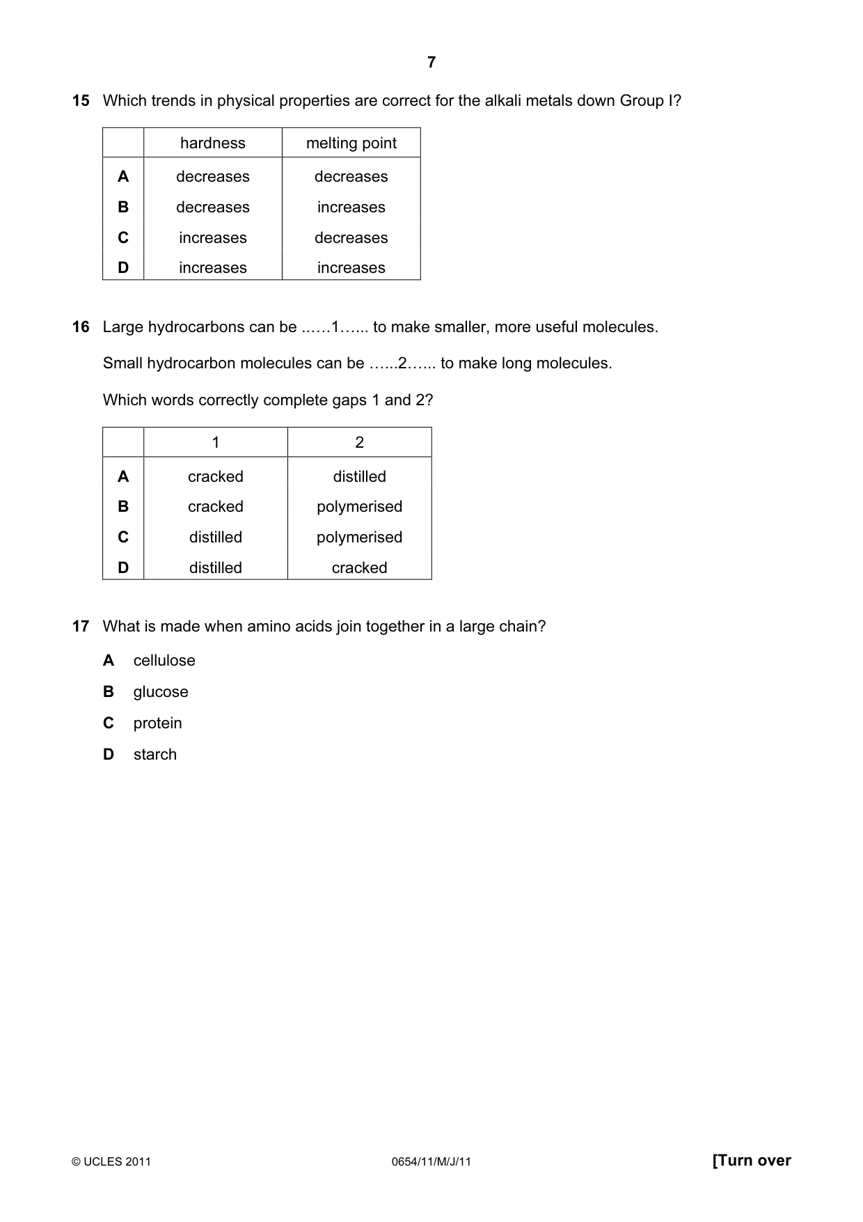 Cambridge IGCSE Sciences - Co-ordinated (Double) 0654 2011 May/June Paper 1 · Variant 1 question paper, page 7 of 16