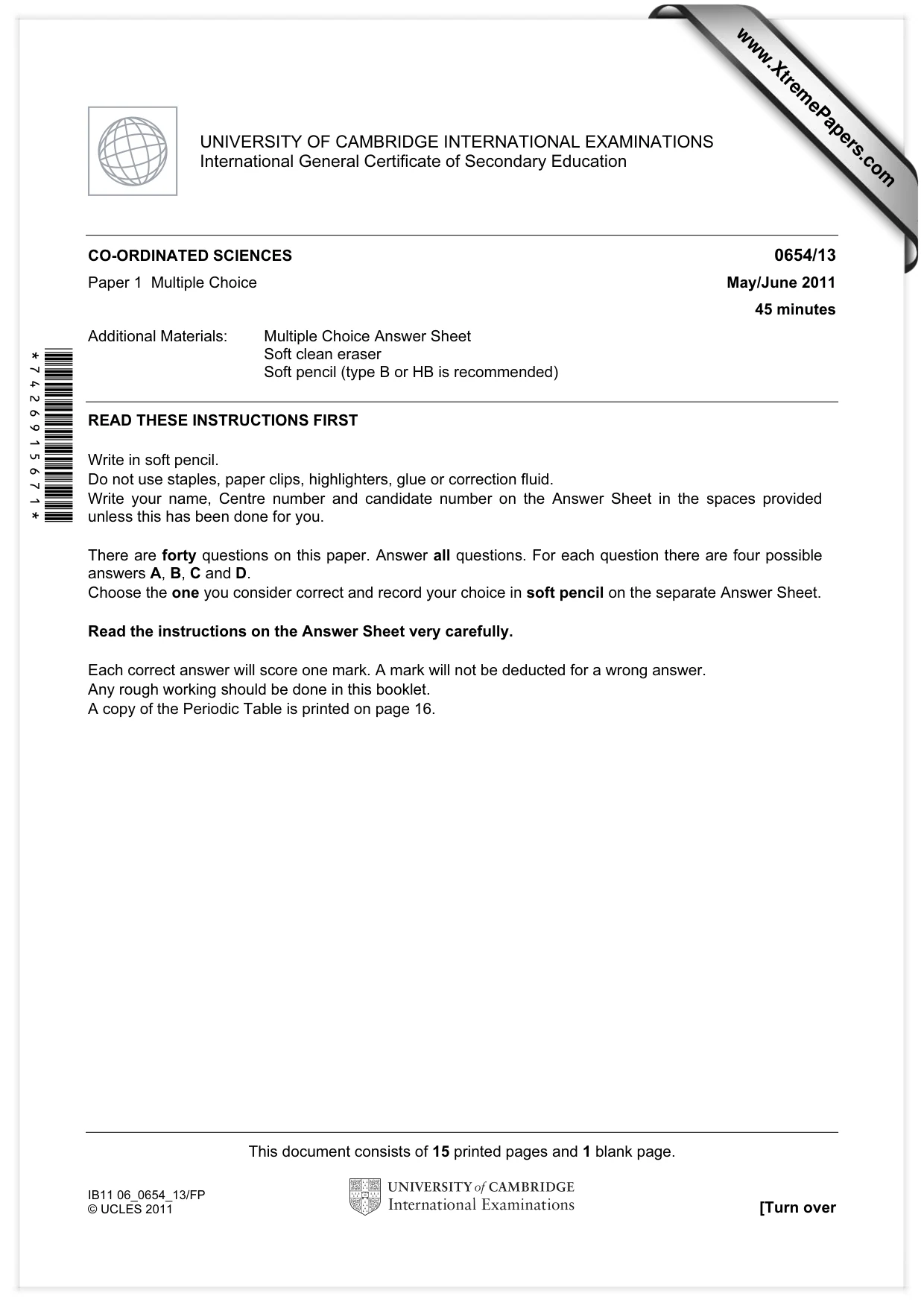 Cambridge IGCSE Sciences - Co-ordinated (Double) 0654 2011 May/June Paper 1 · Variant 3 question paper, page 1 of 16