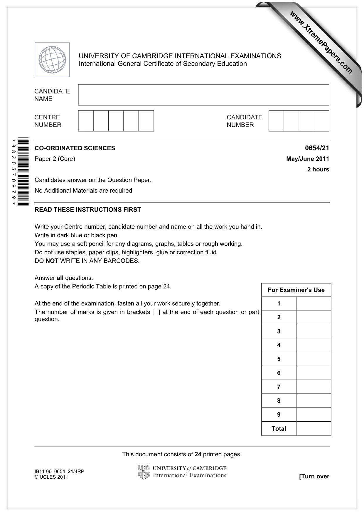 Cambridge IGCSE Sciences - Co-ordinated (Double) 0654 2011 May/June Paper 2 · Variant 1 question paper, page 1 of 24