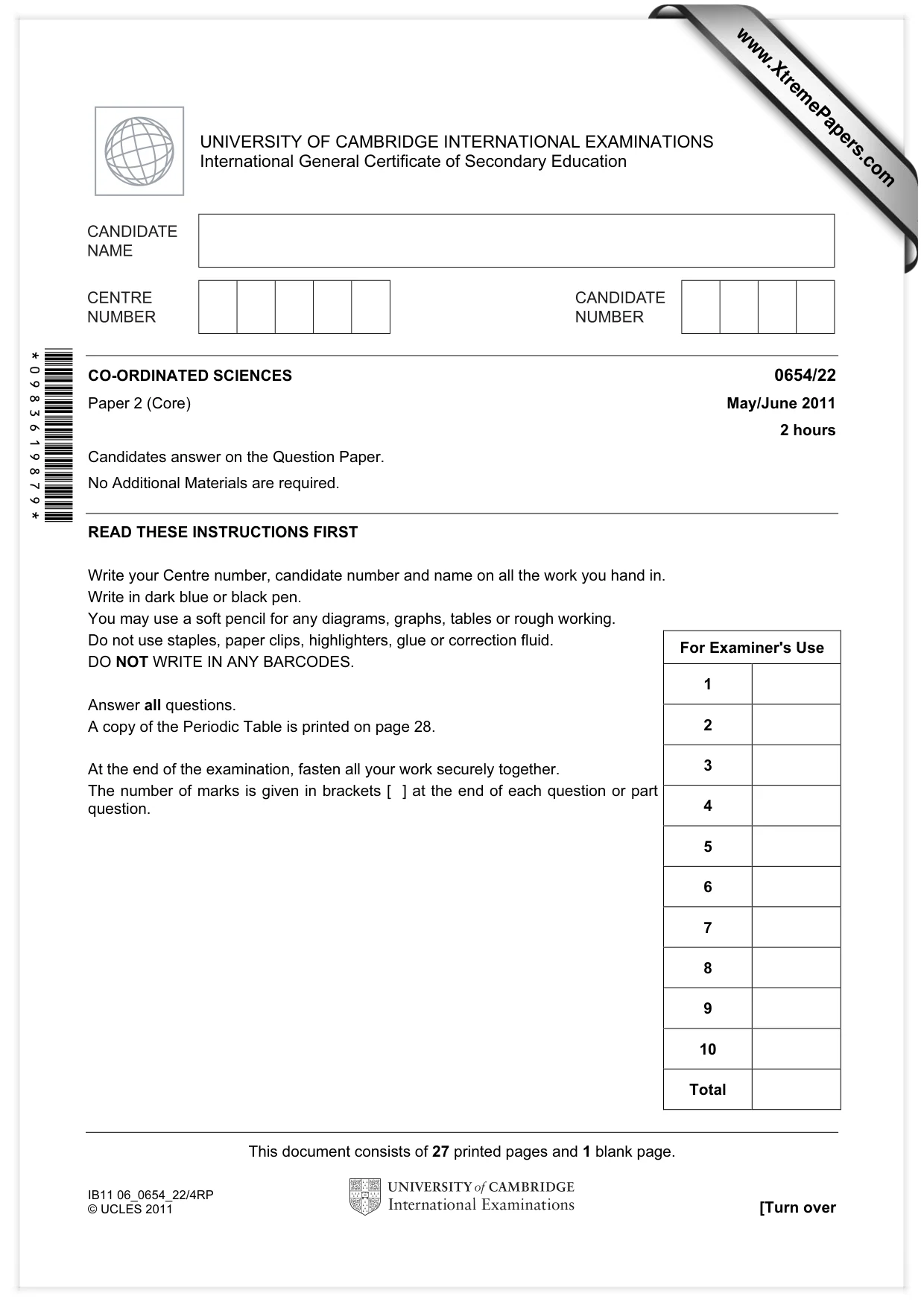 Cambridge IGCSE Sciences - Co-ordinated (Double) 0654 2011 May/June Paper 2 · Variant 2 question paper, page 1 of 28