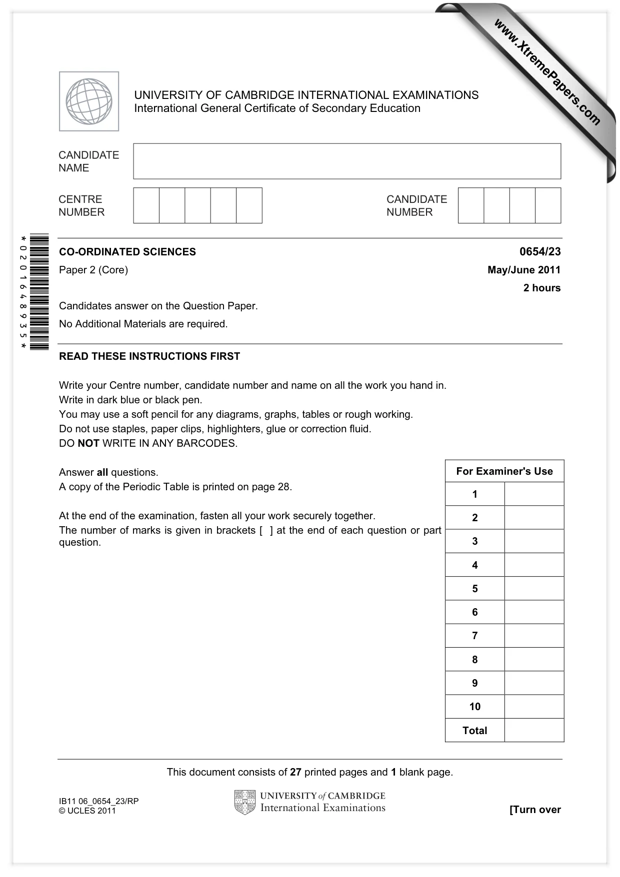 Cambridge IGCSE Sciences - Co-ordinated (Double) 0654 2011 May/June Paper 2 · Variant 3 question paper, page 1 of 28