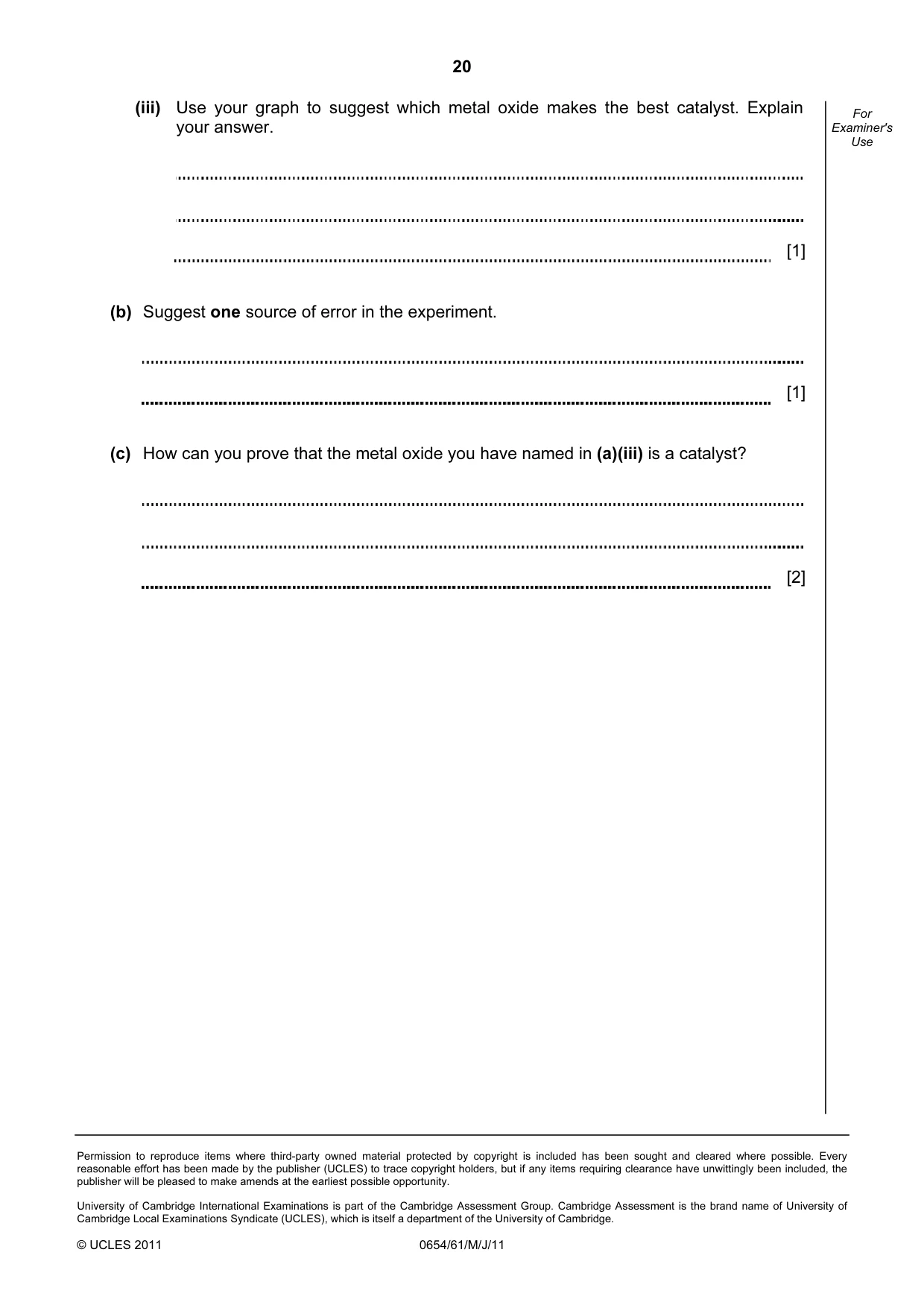 Cambridge IGCSE Sciences - Co-ordinated (Double) 0654 2011 May/June Paper 6 · Variant 1 question paper, page 20 of 20