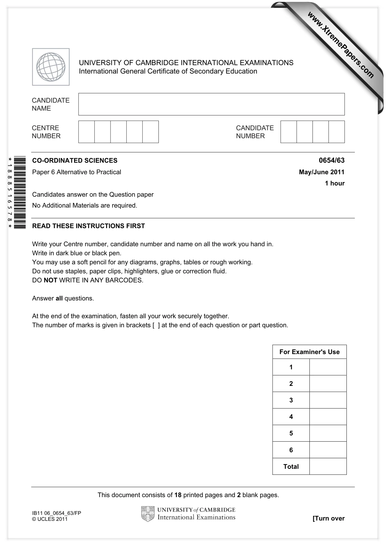 Cambridge IGCSE Sciences - Co-ordinated (Double) 0654 2011 May/June Paper 6 · Variant 3 question paper, page 1 of 20