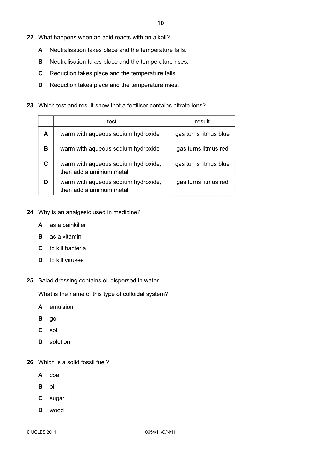 Cambridge IGCSE Sciences - Co-ordinated (Double) 0654 2011 Oct/Nov Paper 1 · Variant 1 question paper, page 10 of 16