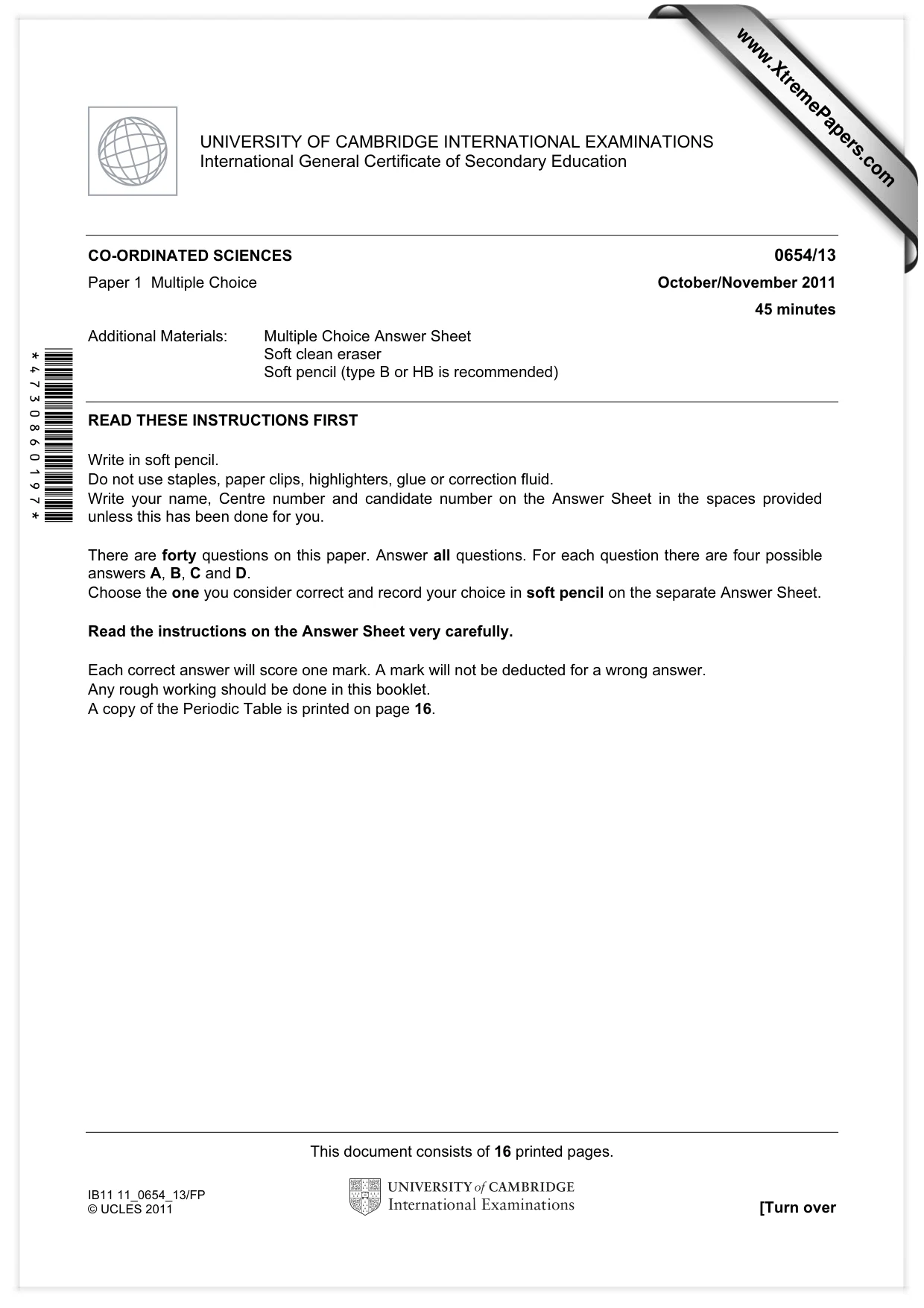 Cambridge IGCSE Sciences - Co-ordinated (Double) 0654 2011 Oct/Nov Paper 1 · Variant 3 question paper, page 1 of 16