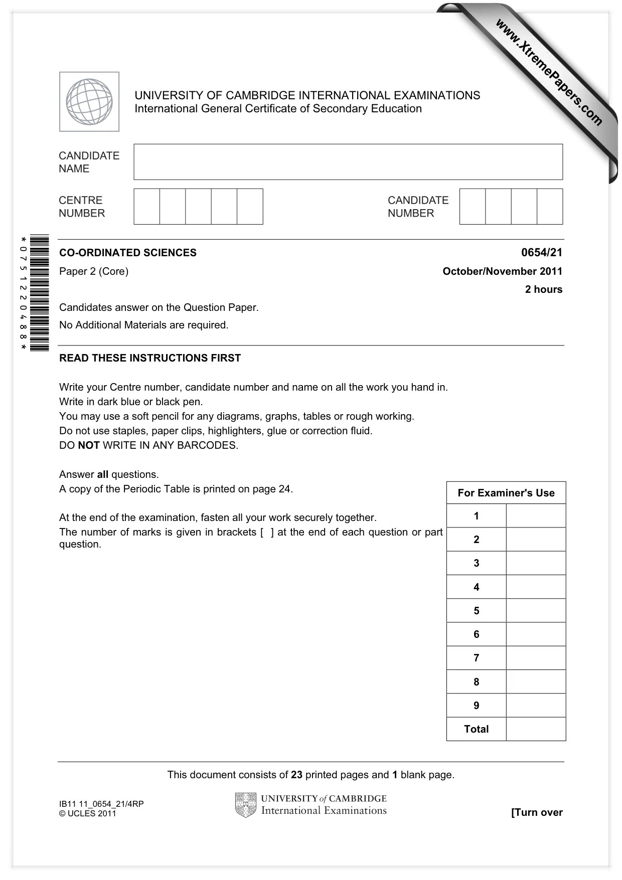 Cambridge IGCSE Sciences - Co-ordinated (Double) 0654 2011 Oct/Nov Paper 2 · Variant 1 question paper, page 1 of 24