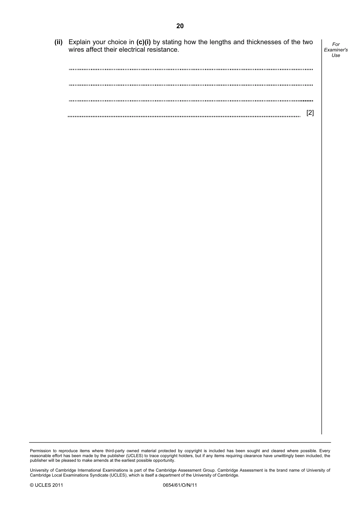 Cambridge IGCSE Sciences - Co-ordinated (Double) 0654 2011 Oct/Nov Paper 6 · Variant 1 question paper, page 20 of 20