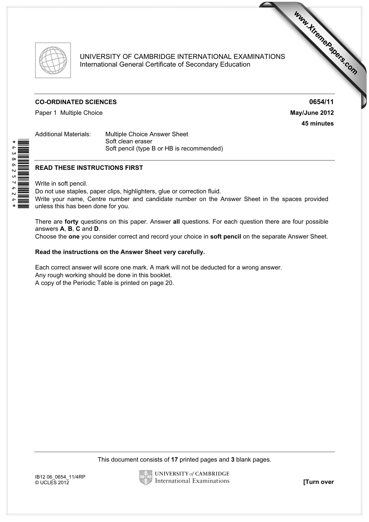 Cambridge IGCSE Sciences - Co-ordinated (Double) 0654 2012 May/June Paper 1 · Variant 1 question paper, page 1 of 20