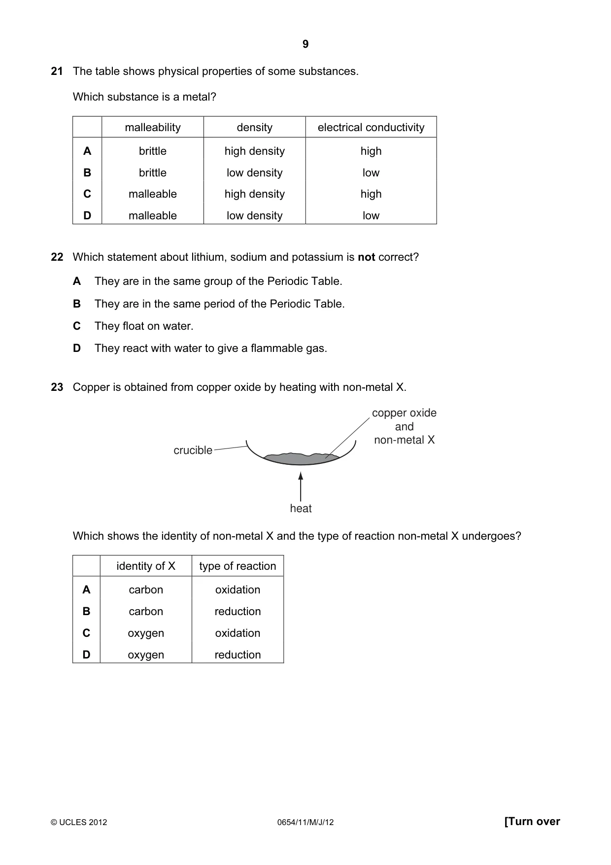 Cambridge IGCSE Sciences - Co-ordinated (Double) 0654 2012 May/June Paper 1 · Variant 1 question paper, page 9 of 20