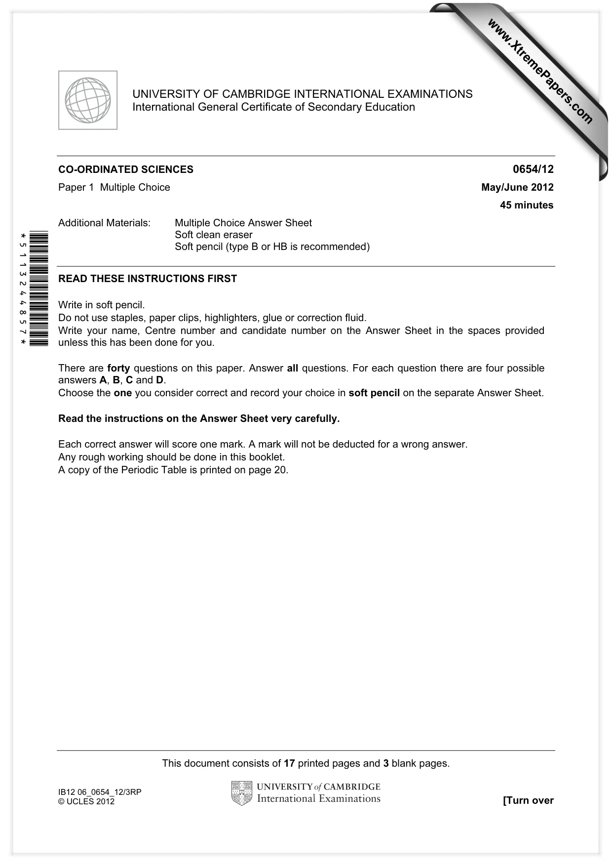 Cambridge IGCSE Sciences - Co-ordinated (Double) 0654 2012 May/June Paper 1 · Variant 2 question paper, page 1 of 20