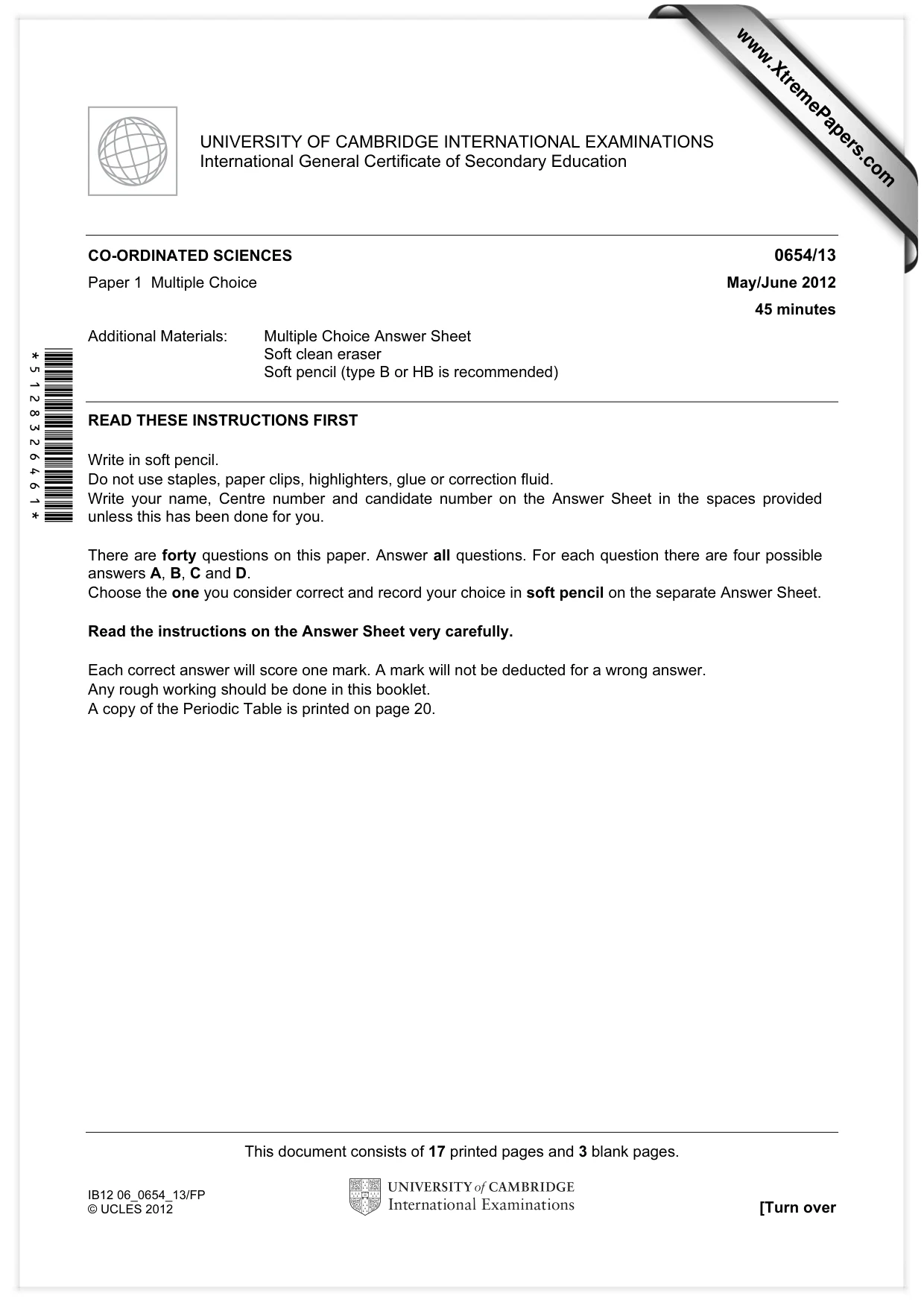 Cambridge IGCSE Sciences - Co-ordinated (Double) 0654 2012 May/June Paper 1 · Variant 3 question paper, page 1 of 20